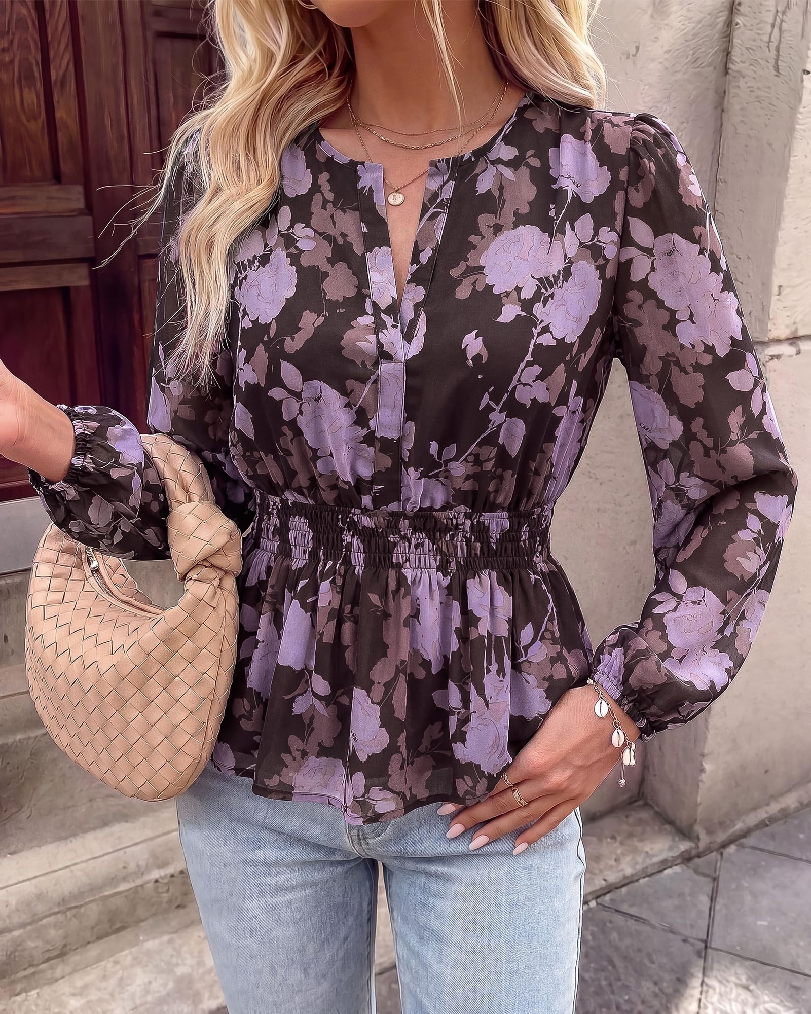 BTFBM Womens Tops Dressy Casual Floral V Neck Long Sleeve Chiffon Shirts | Chiffon Lantern Sleeve Flowy Peplum Sheer Top,Elastic Waist Babydoll Blouses,Boho Vacation Outfits,Fall Fashion Clothing