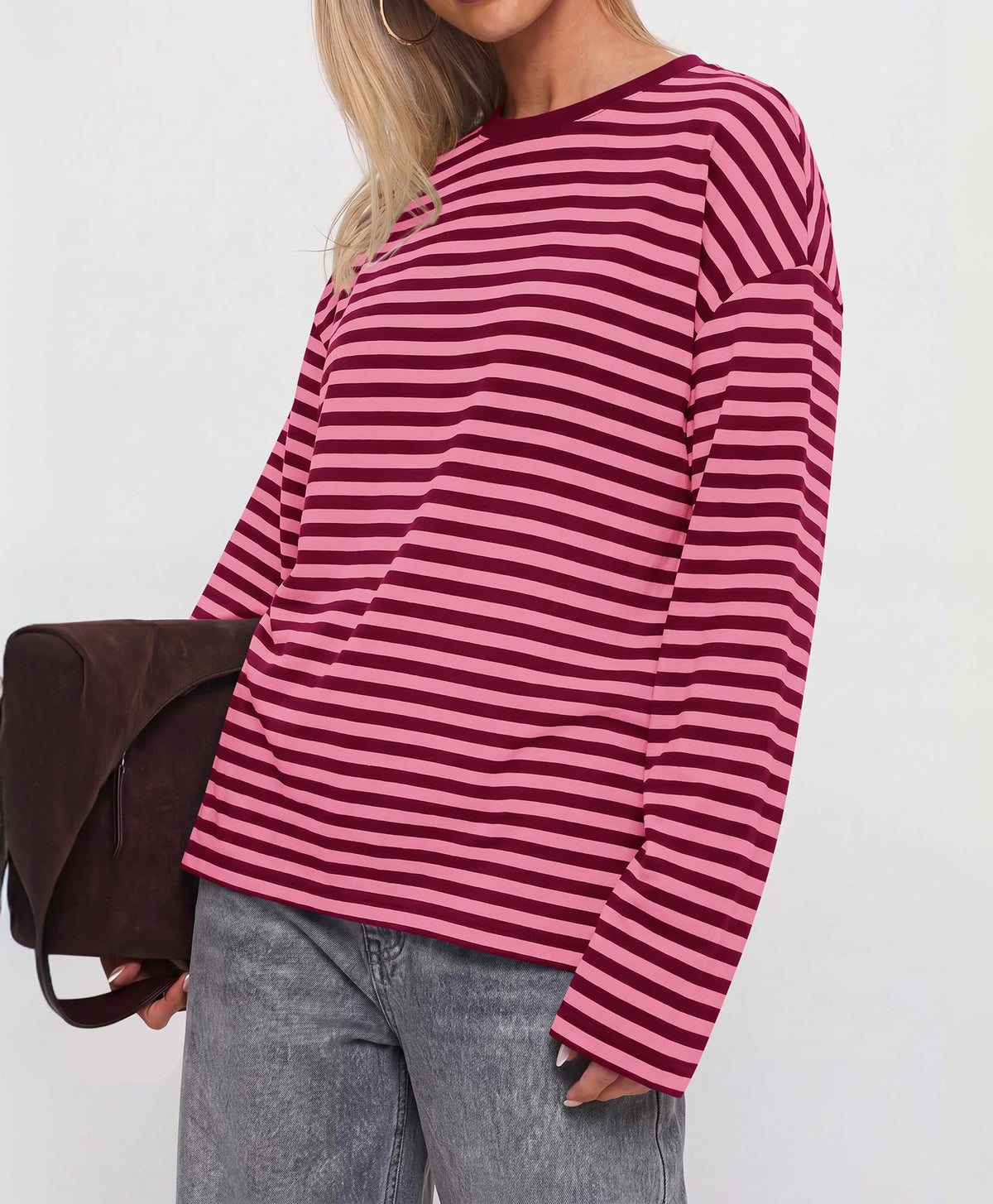 BTFBM Womens Long Sleeve Tops Fall Fashion | Lightweight, Crew Neck, Oversized Striped Shirt Women, Y2k Clothes, Vacation Travel Outfits, Going Out Top, Winter Layering