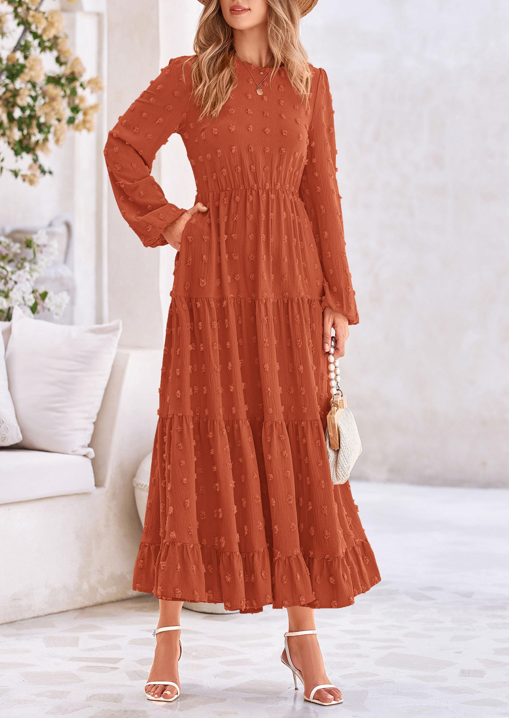 PRETTYGARDEN Women's Fall Spring Elegant Long Sleeve Maxi Dress Swiss Dot A Line Flowy Casual Holiday Party Going Out Dresses