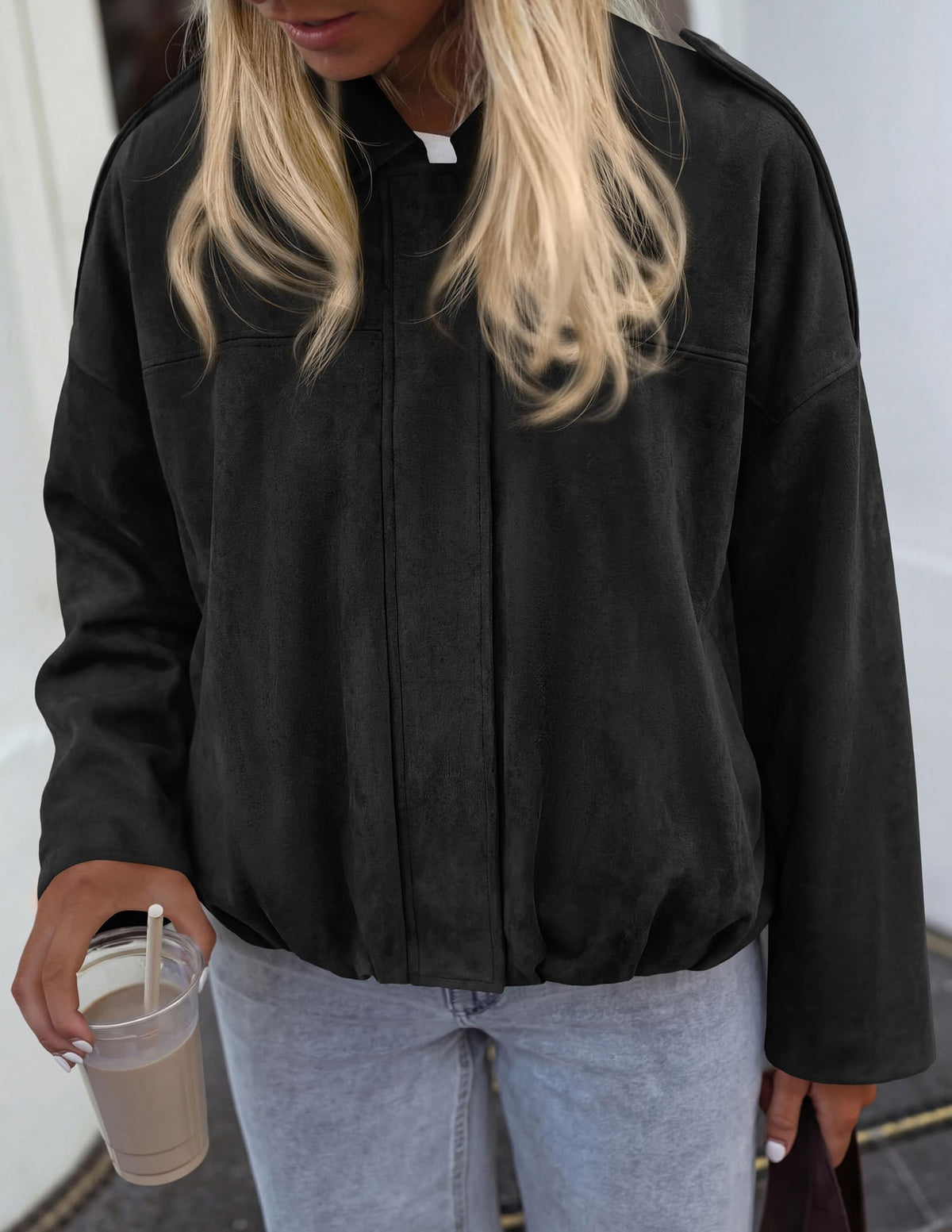PRETTYGARDEN Women's Faux Suede Cropped Bomber Jacket | Long Sleeve Zip Up Casual Going Out Jackets Coat, Oversized Loose Fit Western Outfits, Trendy Outerwear, Fall Clothes