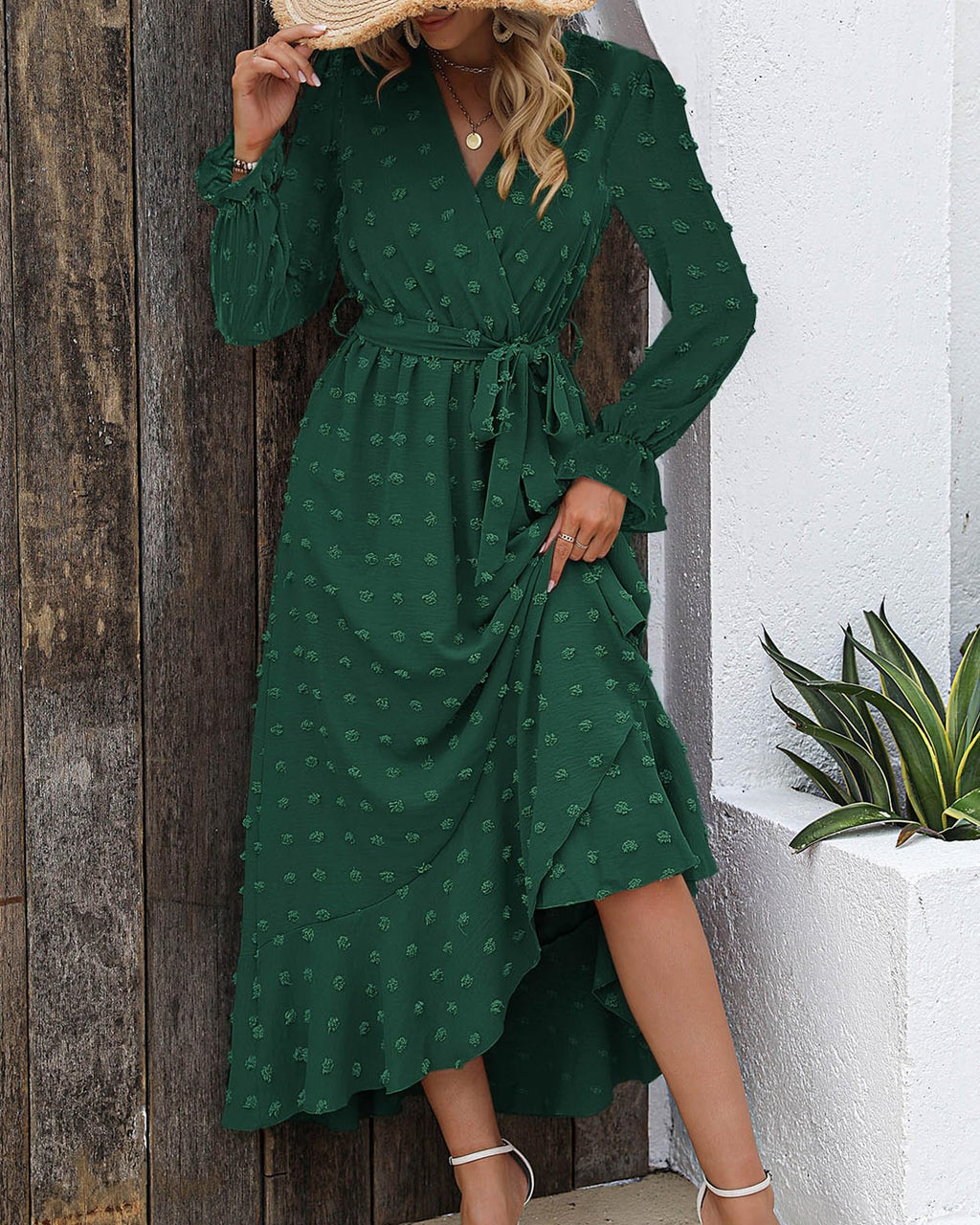 FreshPretty Long Sleeve Maxi Dresses for Women V Neck Swiss Dot Boho Flowy Slit Cocktail Wedding Guest Dress Fall Clothes