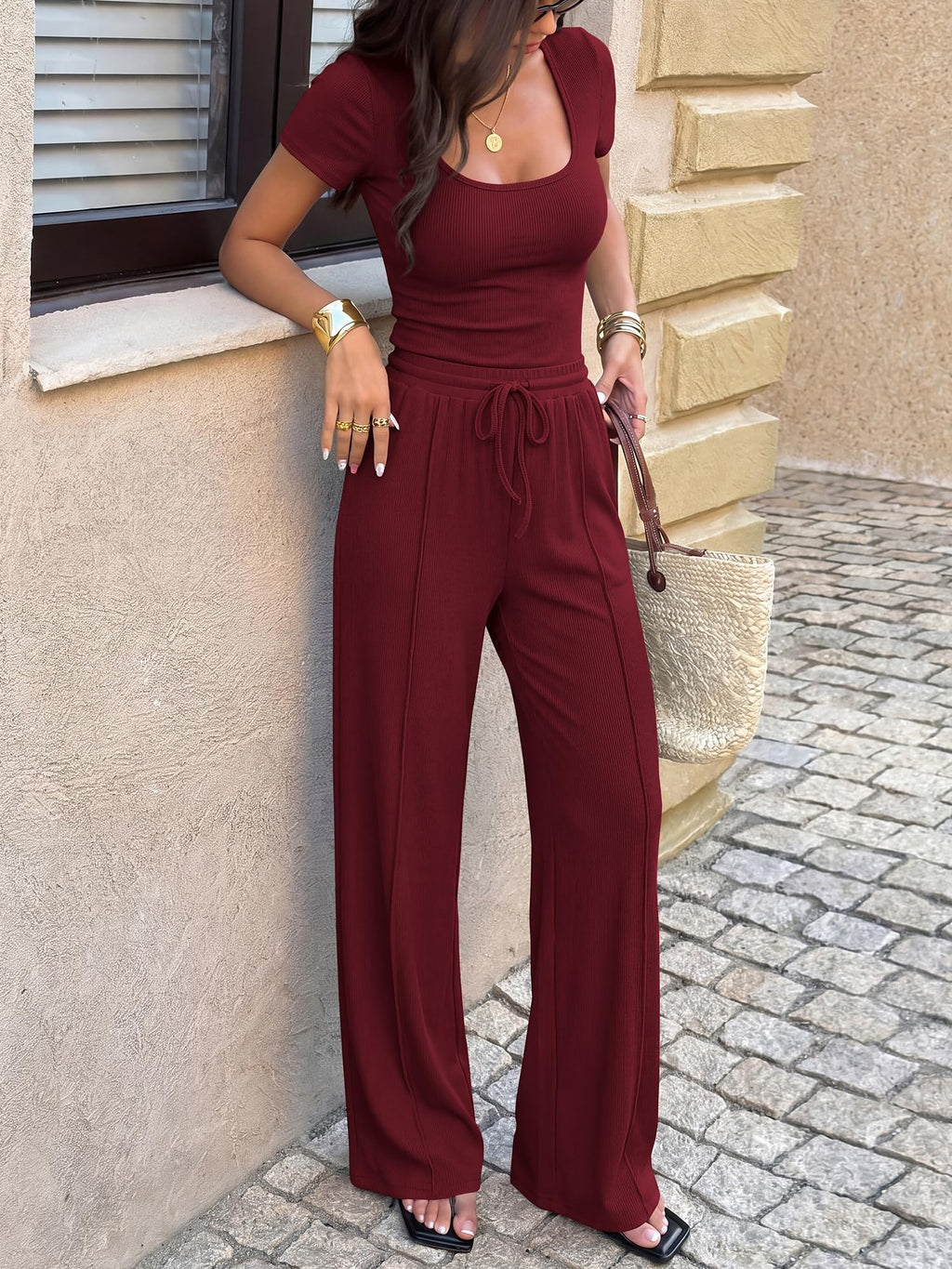 BTFBM Womens Summer 2 Piece Outfits Square Neck Short Sleeve Drawstring Pants Knit Spring Lounge Matching Sets