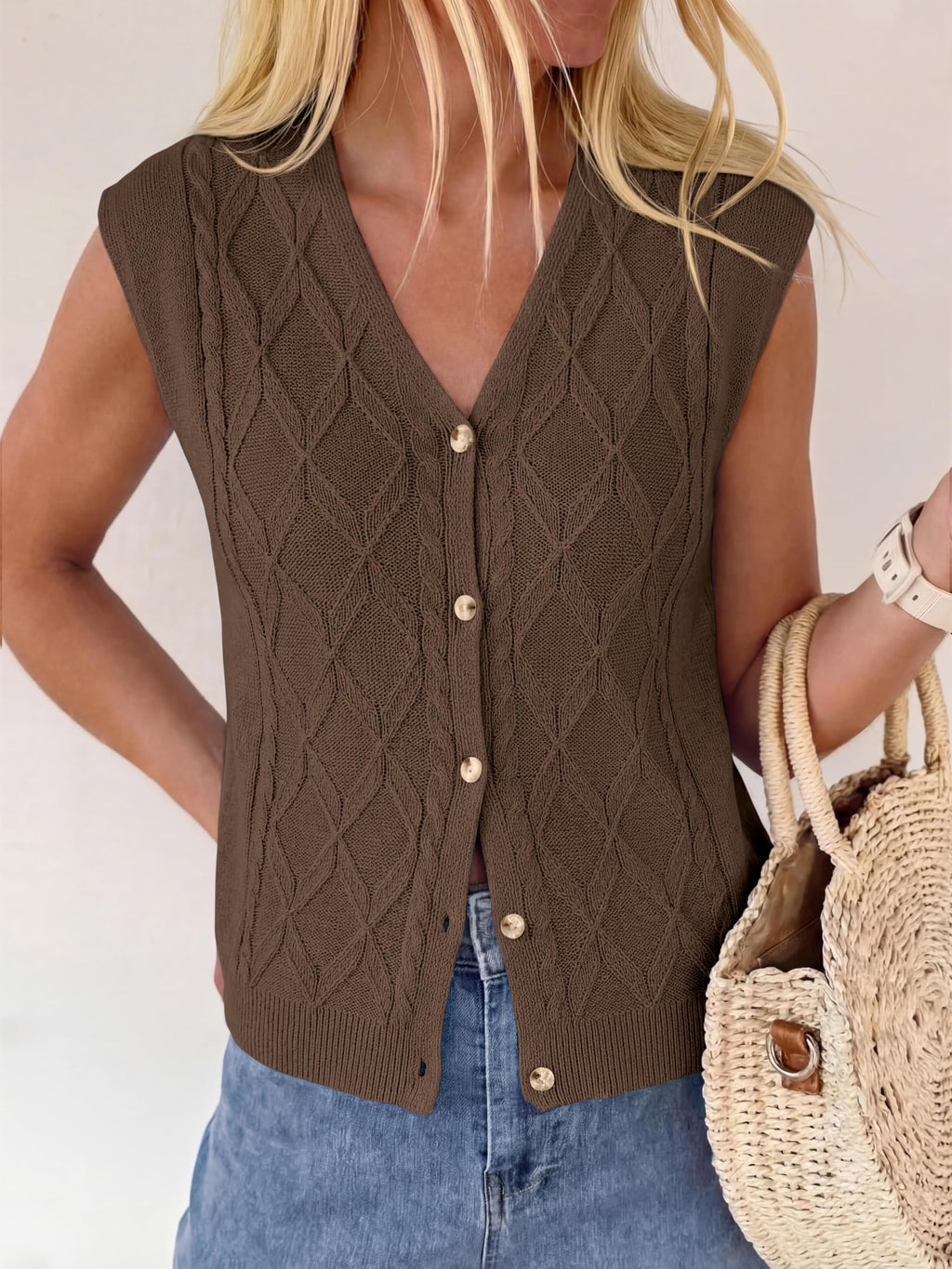 BTFBM Vest Tops for Women Summer V Neck Button Loose Lightweight Cardigan Knit Cap Sleeve Sweater Vests Fashion Clothing