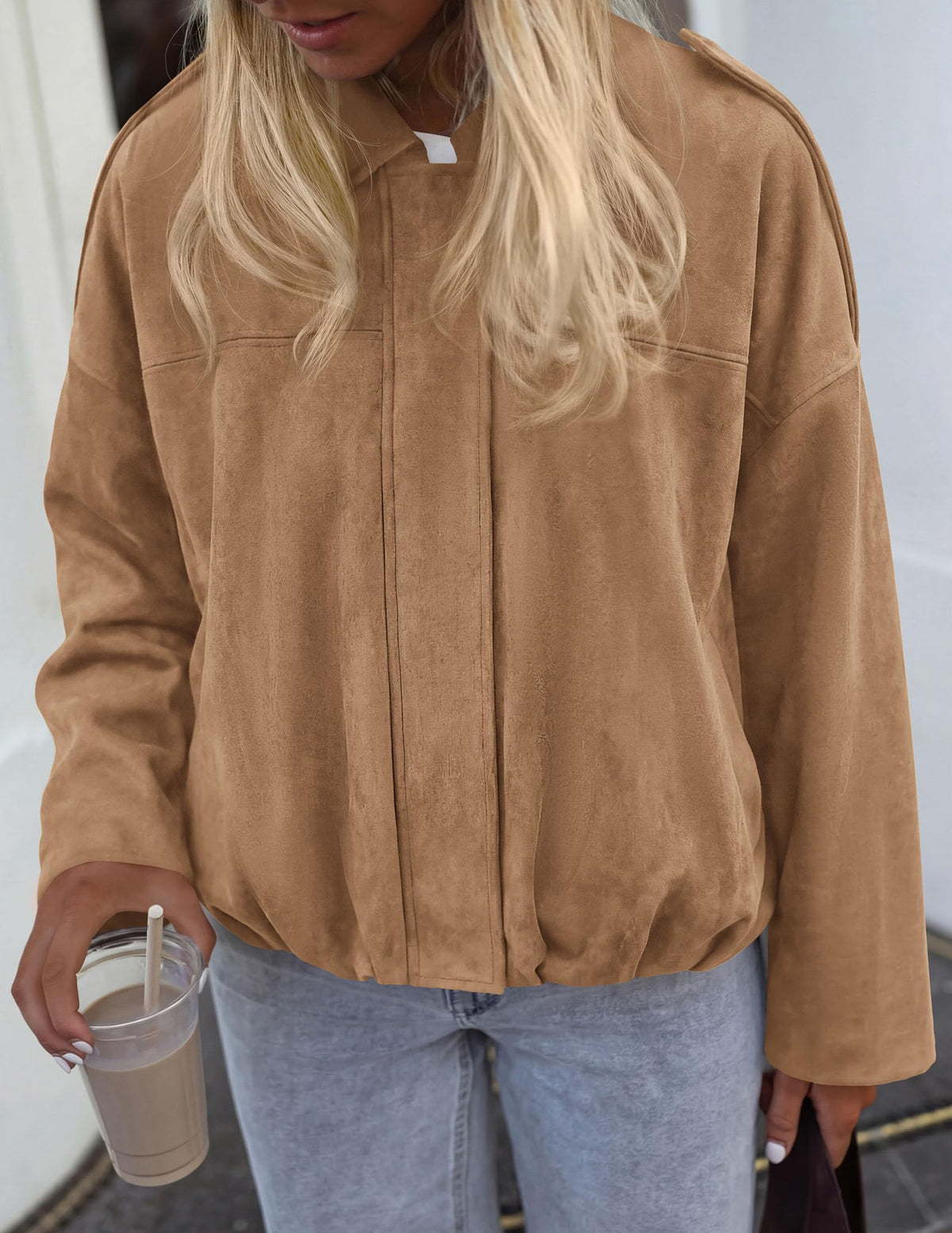 PRETTYGARDEN Women's Faux Suede Cropped Bomber Jacket | Long Sleeve Zip Up Casual Going Out Jackets Coat, Oversized Loose Fit Western Outfits, Trendy Outerwear, Fall Clothes