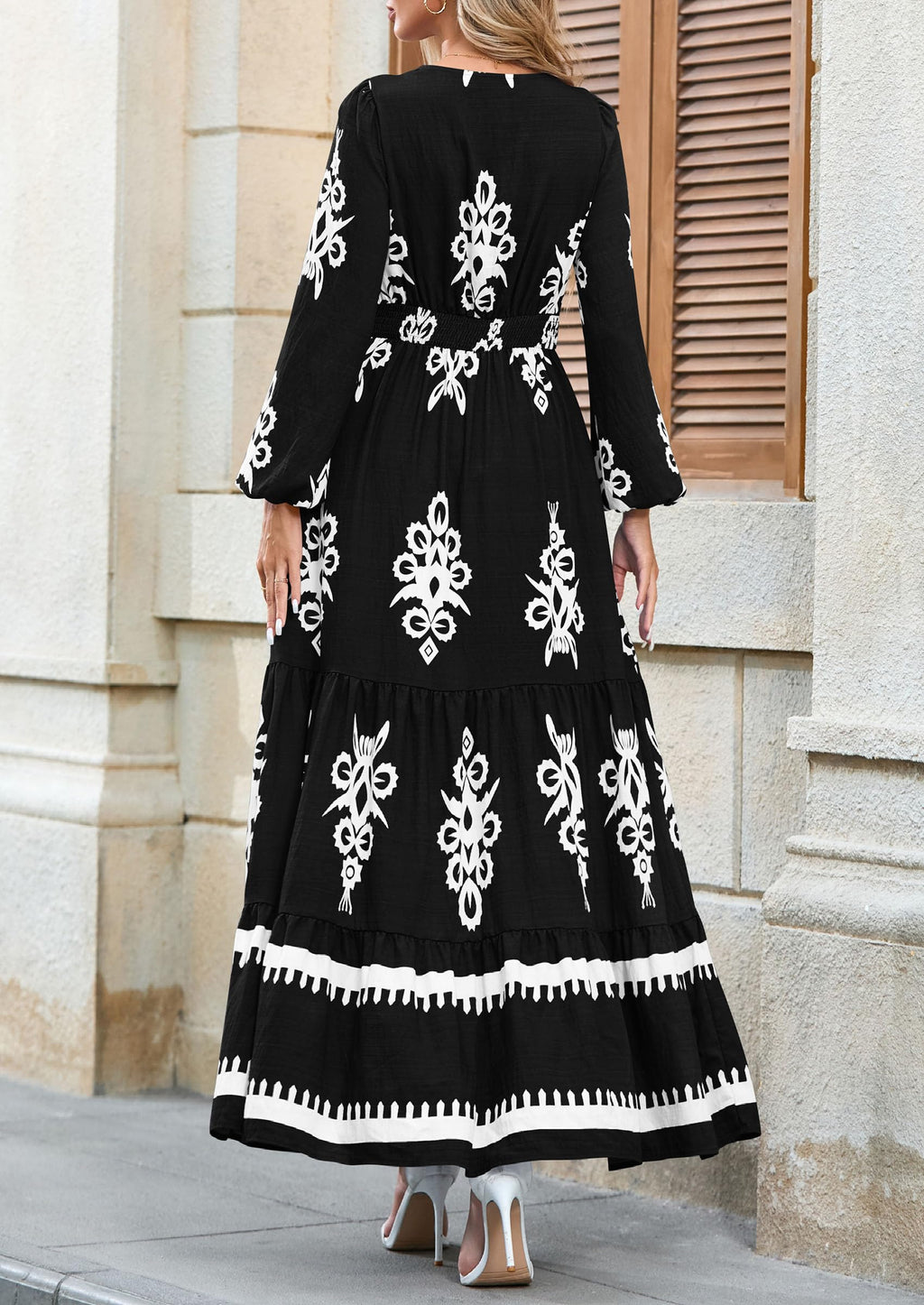 PRETTYGARDEN Women's Fall Wedding Guest Dresses Boho Floral Long Sleeve V Neck Flowy Elegant Maxi Dress Beach Clothes