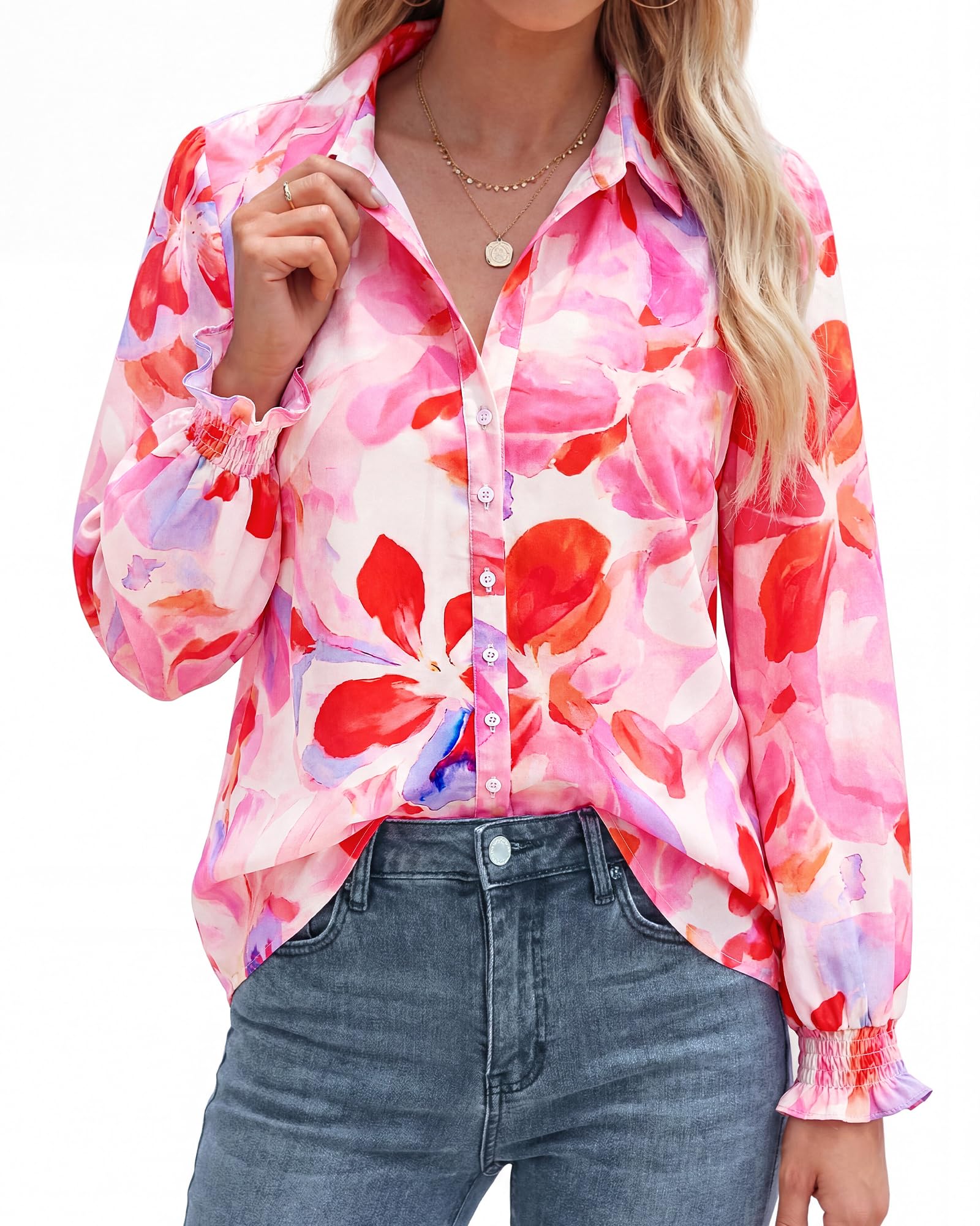 BTFBM Long Sleeve Blouses for Women, Floral V Neck Button Down Shirts, Smocked Cuffs, Business Casual Summer Outfits