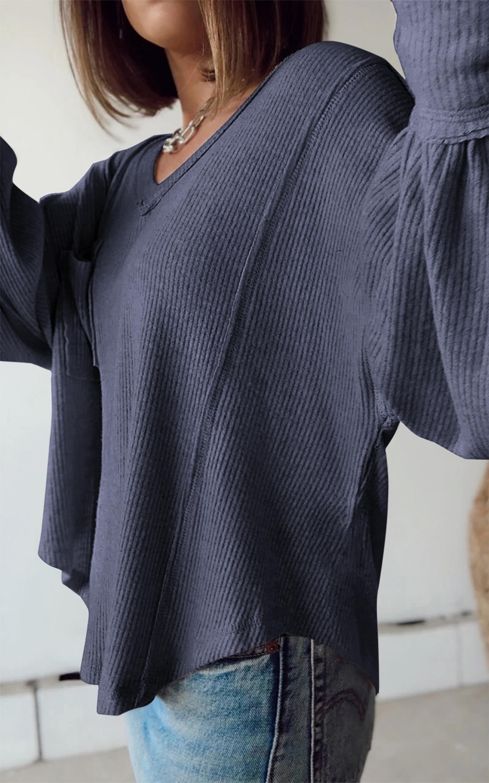 FreshPretty Womens Fall Fashion Long Sleeve Shirts Casual V Neck Ribbed Knit Blouses Pullover Trendy Loose Fit Tunic Tops