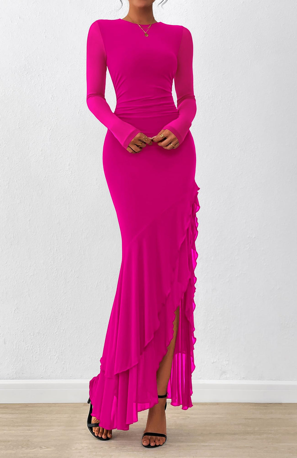 BTFBM Women's Maxi Dresses Fall Long Sleeve Wedding Guest Dress Mesh,Ruched,Bodycon,High Split,Solid Color,Ruffle, Mermaid,Cocktail Dresses,Prom,Party,Homecoming Dress,Fall Outfits