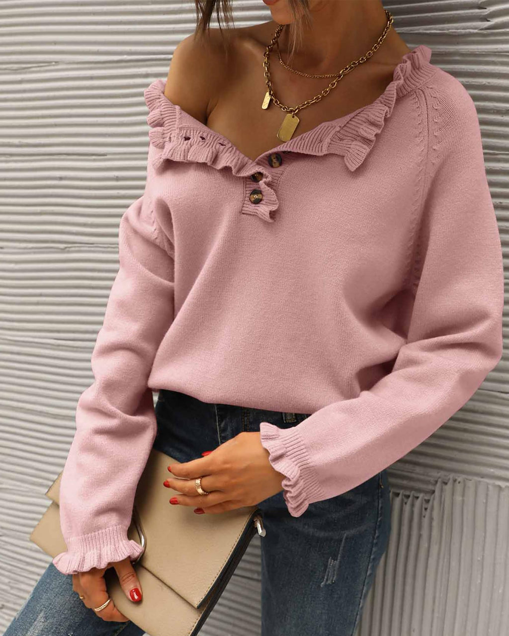 FreshPretty Womens Sweaters Fall Winter Clothes Long Sleeve Button Down Ruffle Crew Neck Casual Knitted Pullover Tops