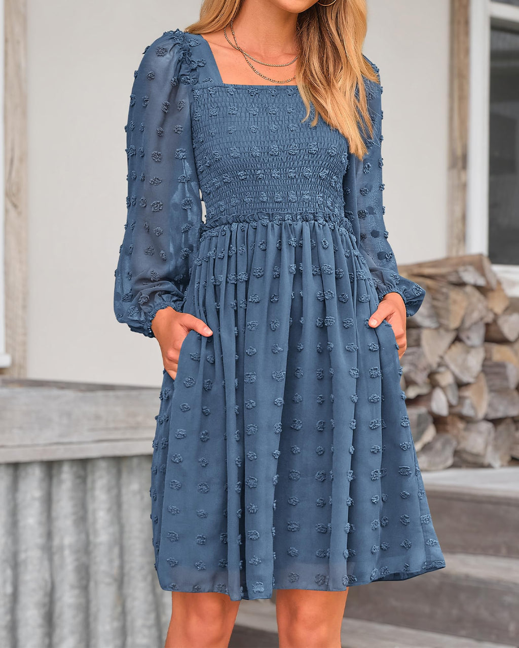 BTFBM Womens Long Sleeve Dress Summer Vacation Square Neck Smocked Floral Mini Boho Spring Wedding Guest Dresses