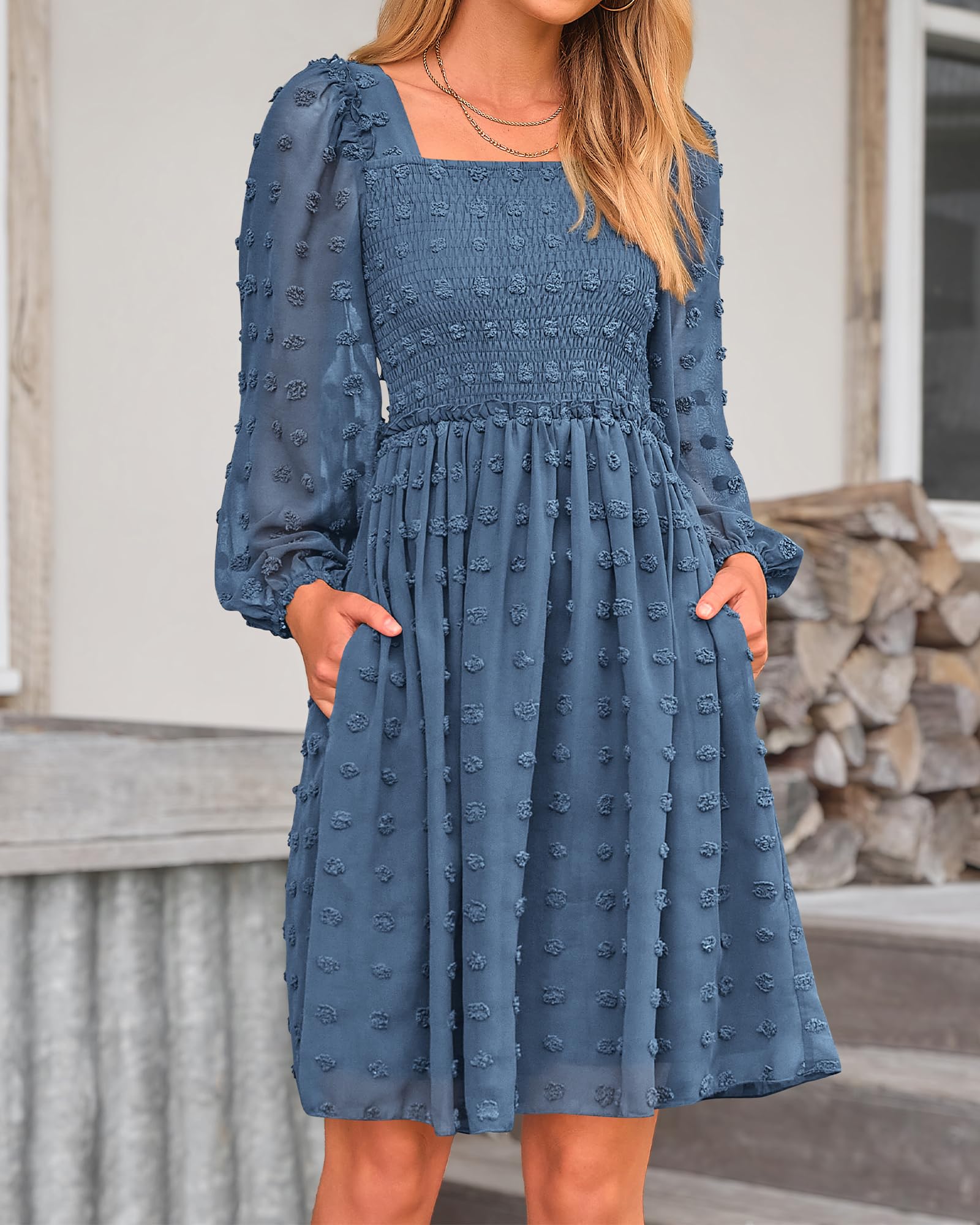 BTFBM Womens Long Sleeve Dress Summer Vacation Square Neck Smocked Floral Mini Boho Spring Wedding Guest Dresses