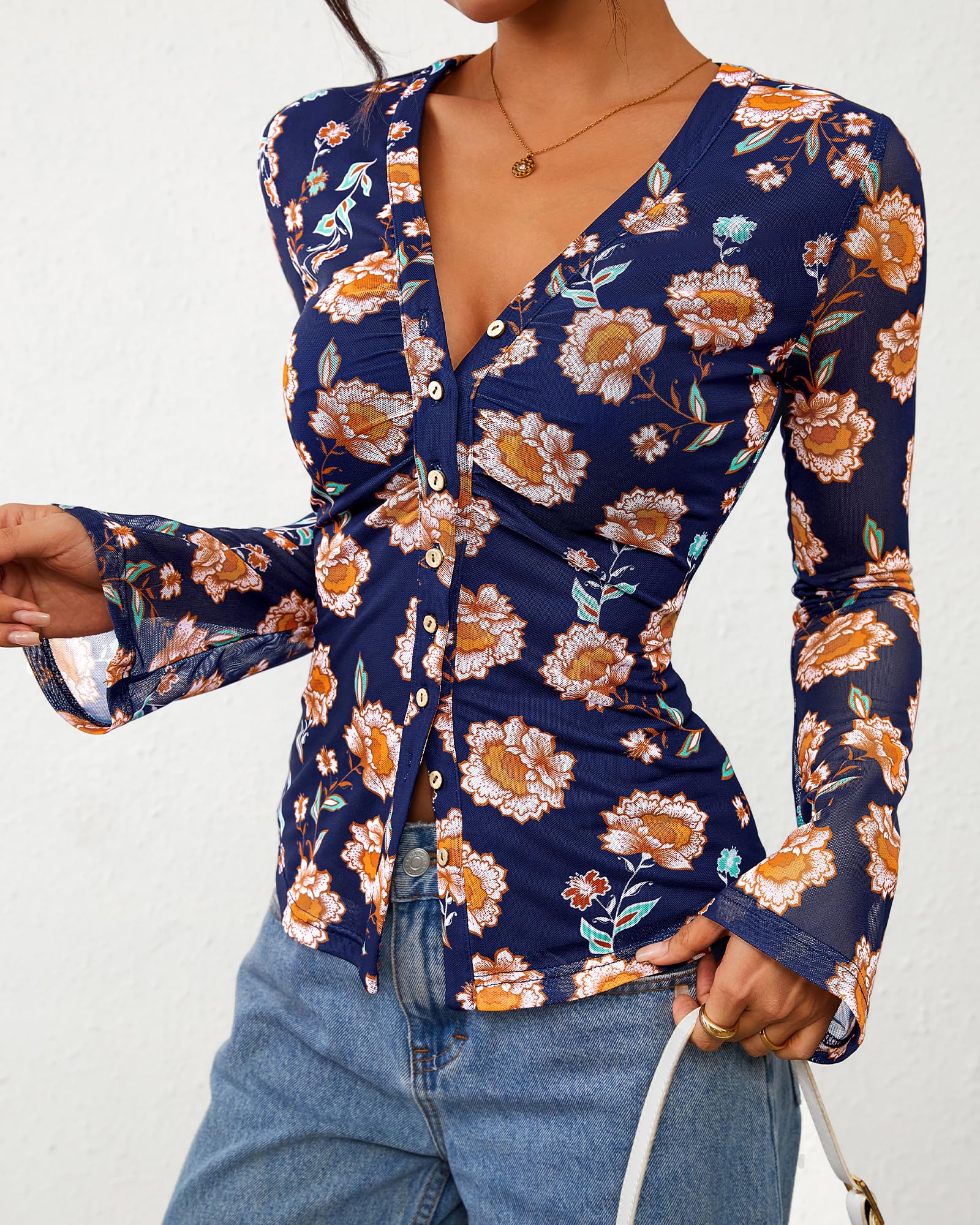 FreshPretty Button Down Shirts for Women Fall Fashion V Neck Long Sleeve Blouse Ruched Mesh Fitted Floral Print Boho Tops
