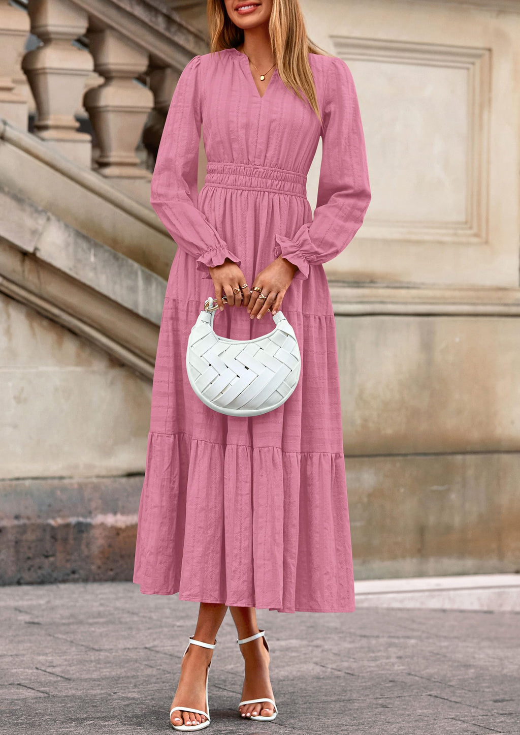 PRETTYGARDEN Women's Fall Wedding Guest Dresses Long Sleeve V Neck Flowy Elegant Holiday Party Maxi Dress with Pockets