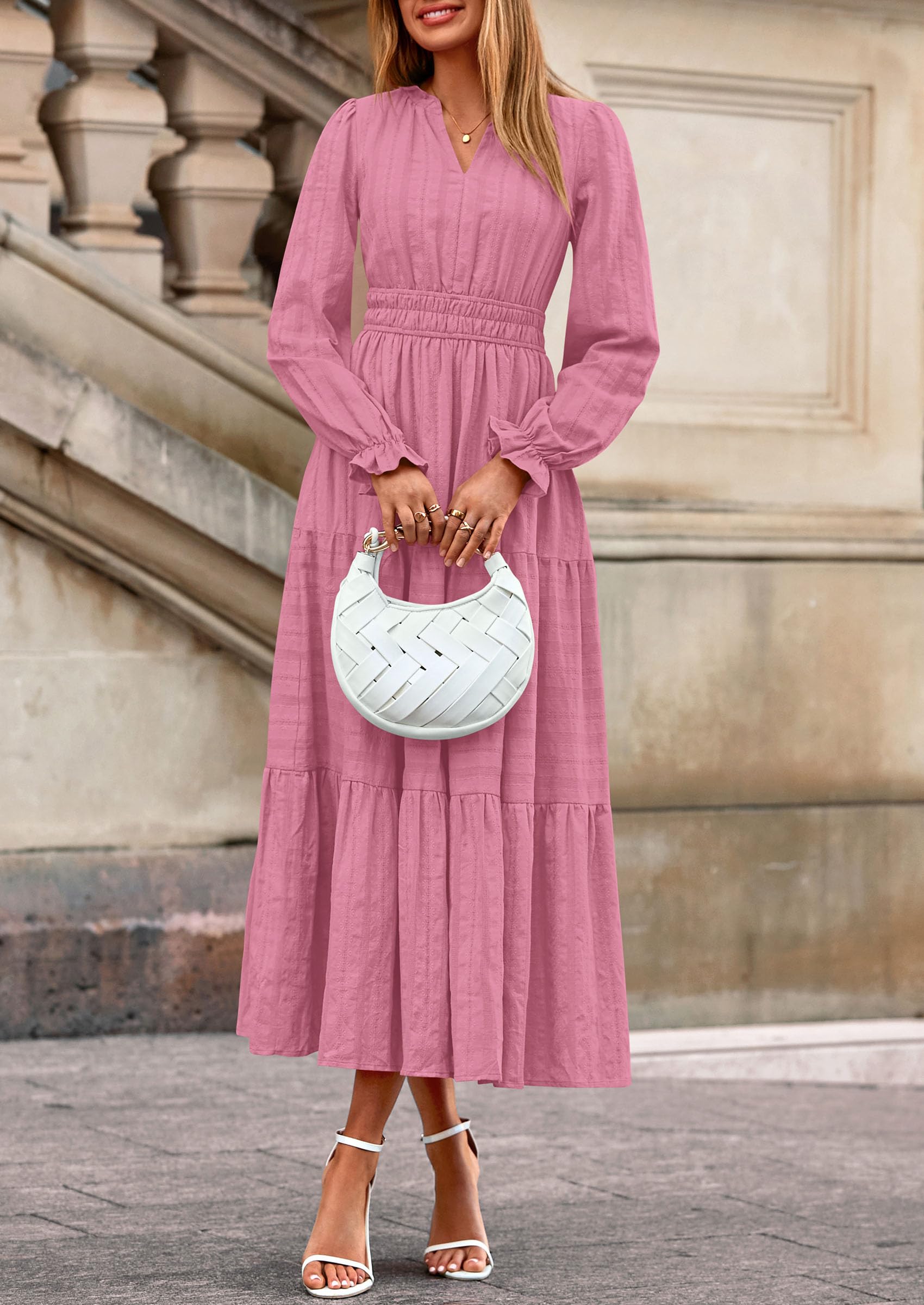 PRETTYGARDEN Women's Fall Wedding Guest Dresses Long Sleeve V Neck Flowy Elegant Holiday Party Maxi Dress with Pockets