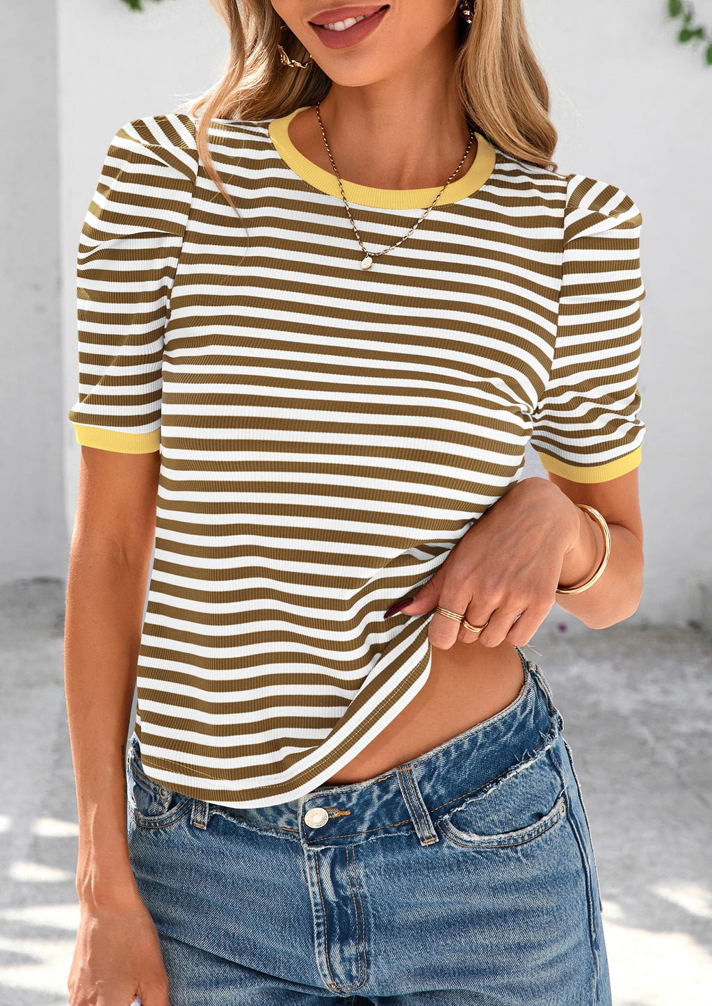 PRETTYGARDEN Women's Summer Puff Sleeve Tops Casual Ribbed Knit Crop Top Color Block Trendy Crewneck Striped Shirts
