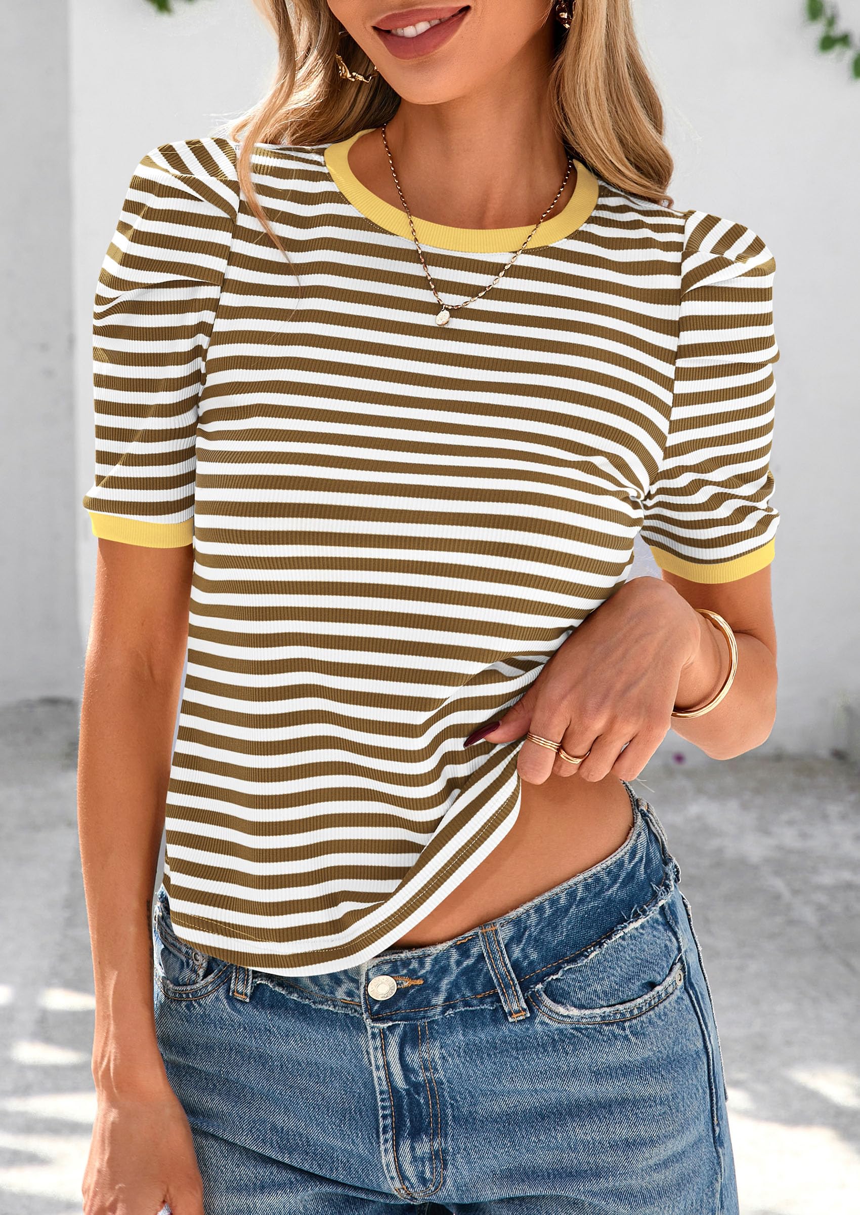 PRETTYGARDEN Women's Summer Puff Sleeve Tops Casual Ribbed Knit Crop Top Color Block Trendy Crewneck Striped Shirts