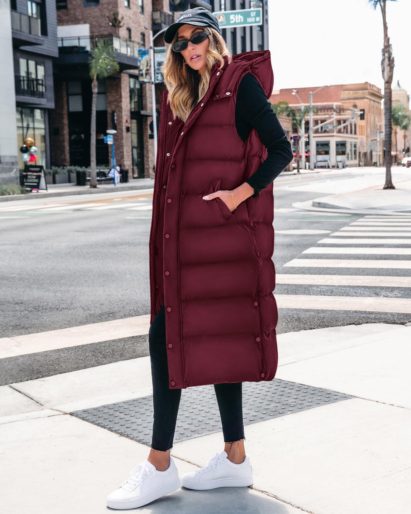 BTFBM Long Puffer Vest Women Quilted Hooded Button Down Zip Up Sleeveless Vests Outerwear Padded Jacket Fall Winter Coat