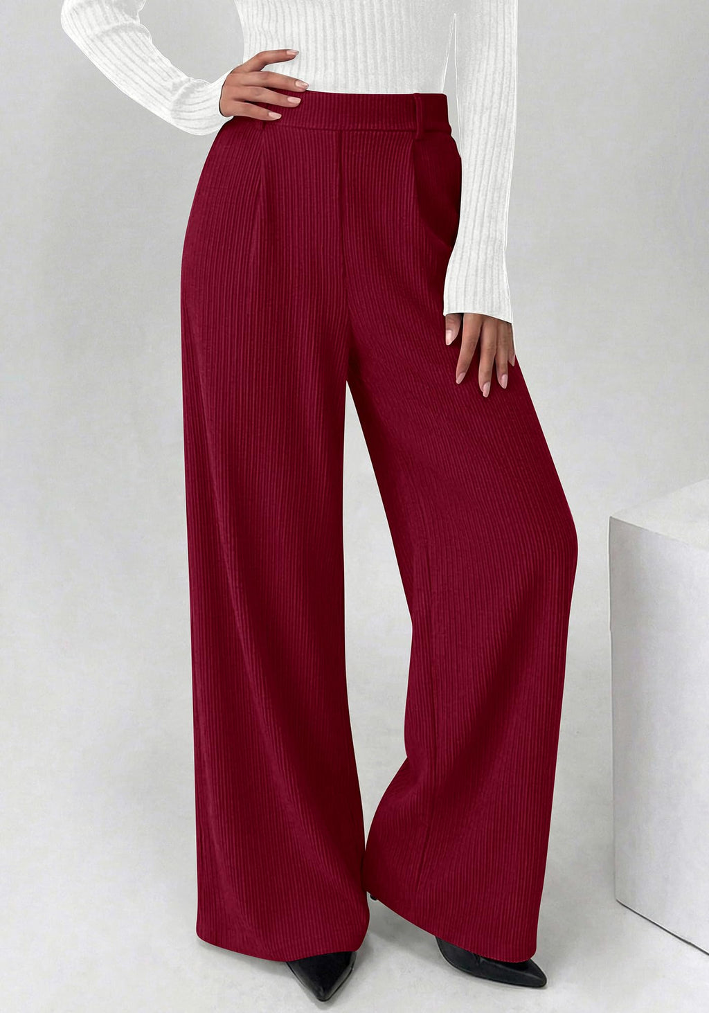 BTFBM Wide Leg Pants for Women Dressy Work Business Casual Elastic High Waisted Trousers Ribbed Lounge Palazzo Pants