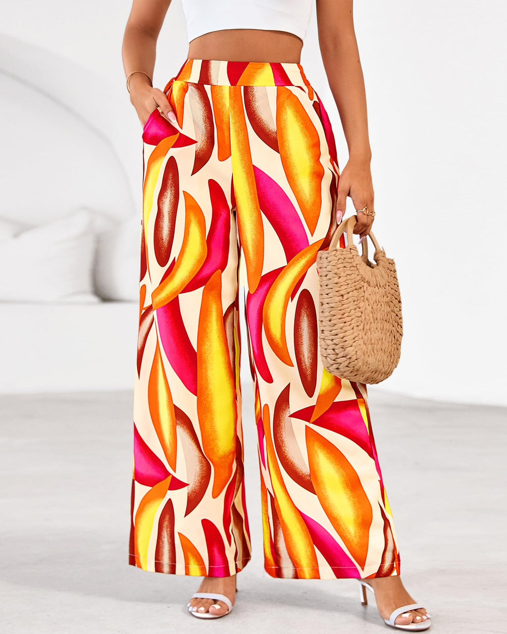 FreshPretty Womens Wide Leg Summer Pants Boho Beach Vacation Loose Elastic Waist Printed Palazzo Pant Pockets