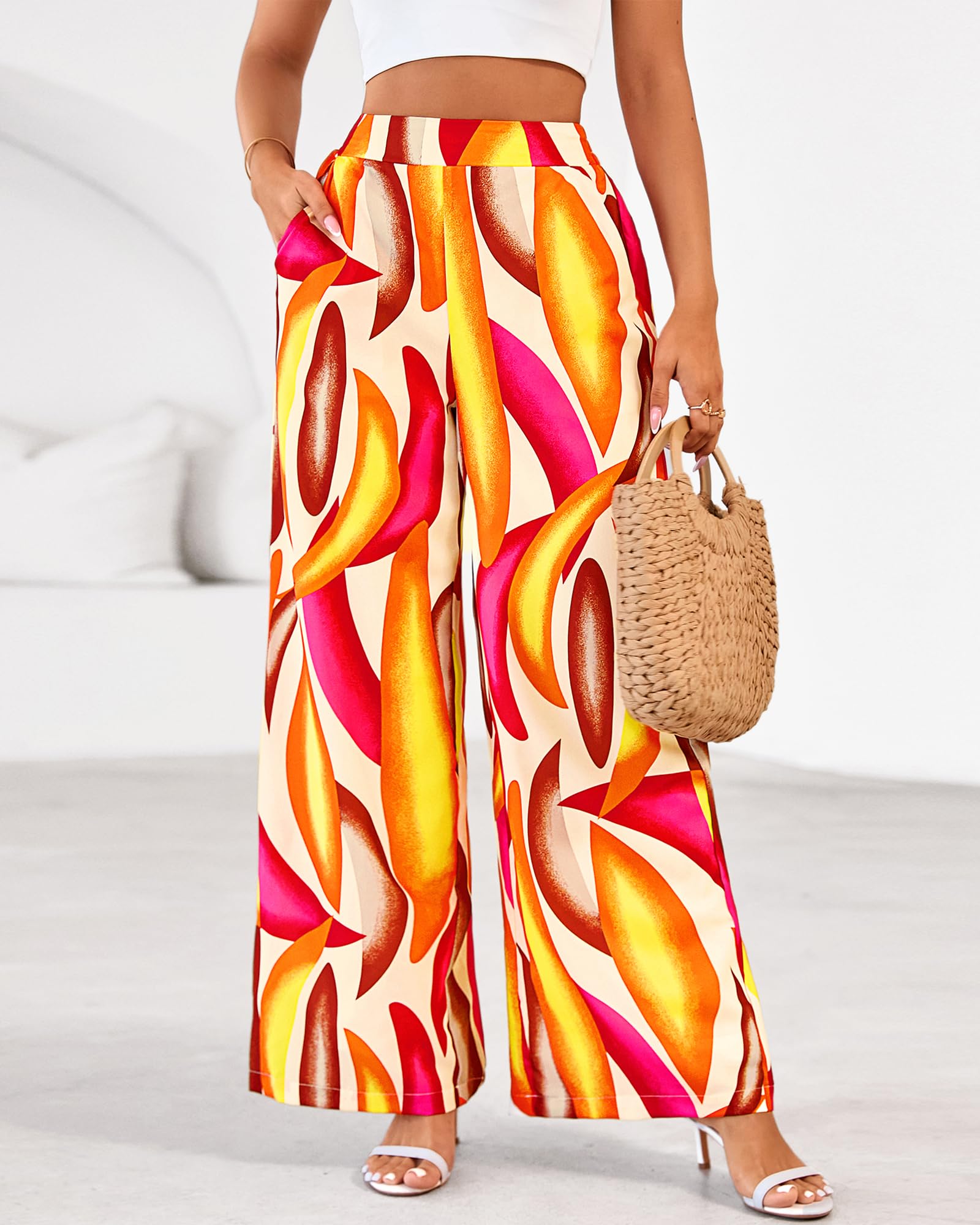 FreshPretty Womens Wide Leg Summer Pants Boho Beach Vacation Loose Elastic Waist Printed Palazzo Pant Pockets