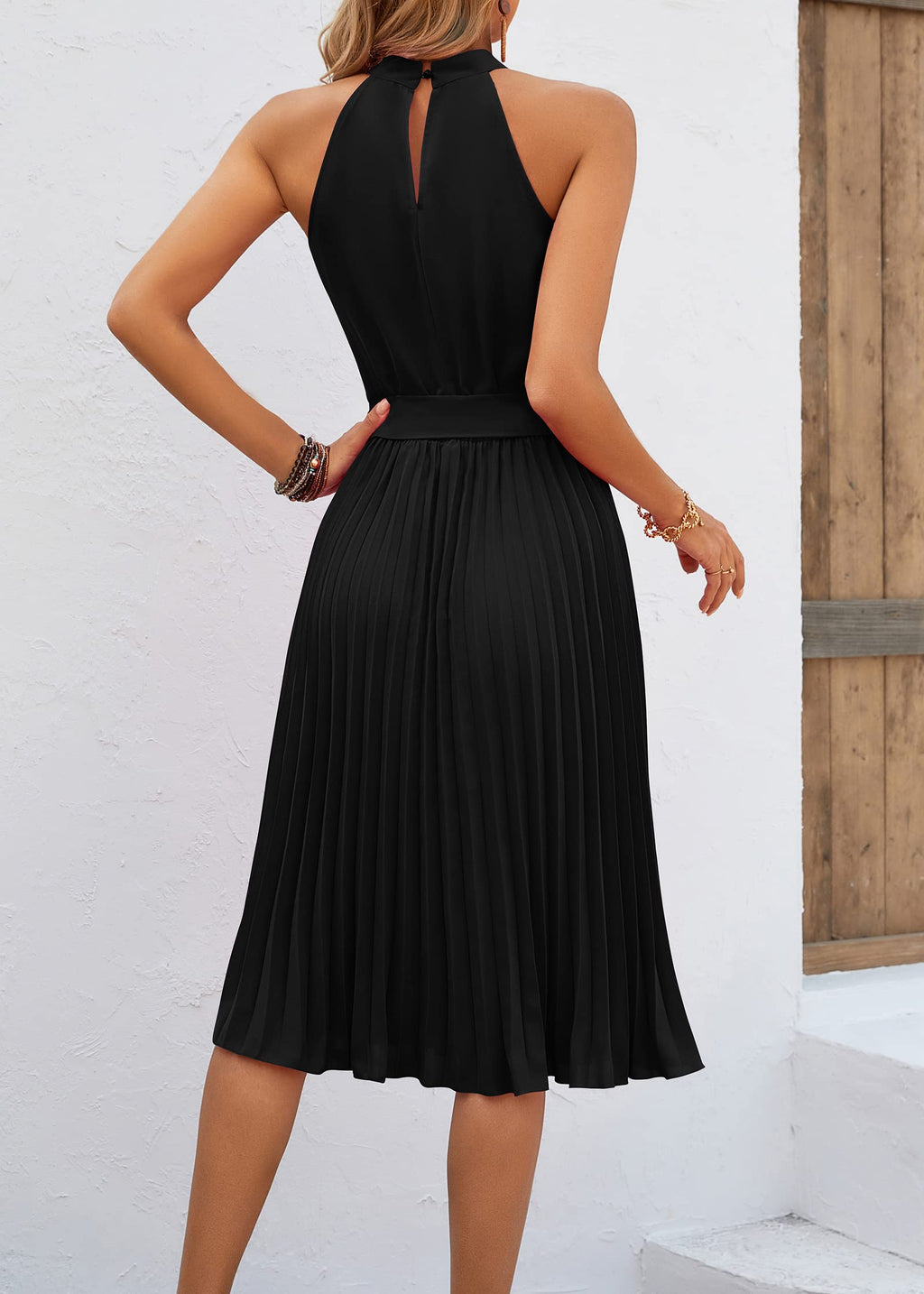 FreshPretty Women's Summer Sleeveless Halter Neck Pleated Midi Cocktail Dresses A Line Flowy Beach Sun Dress with Belt