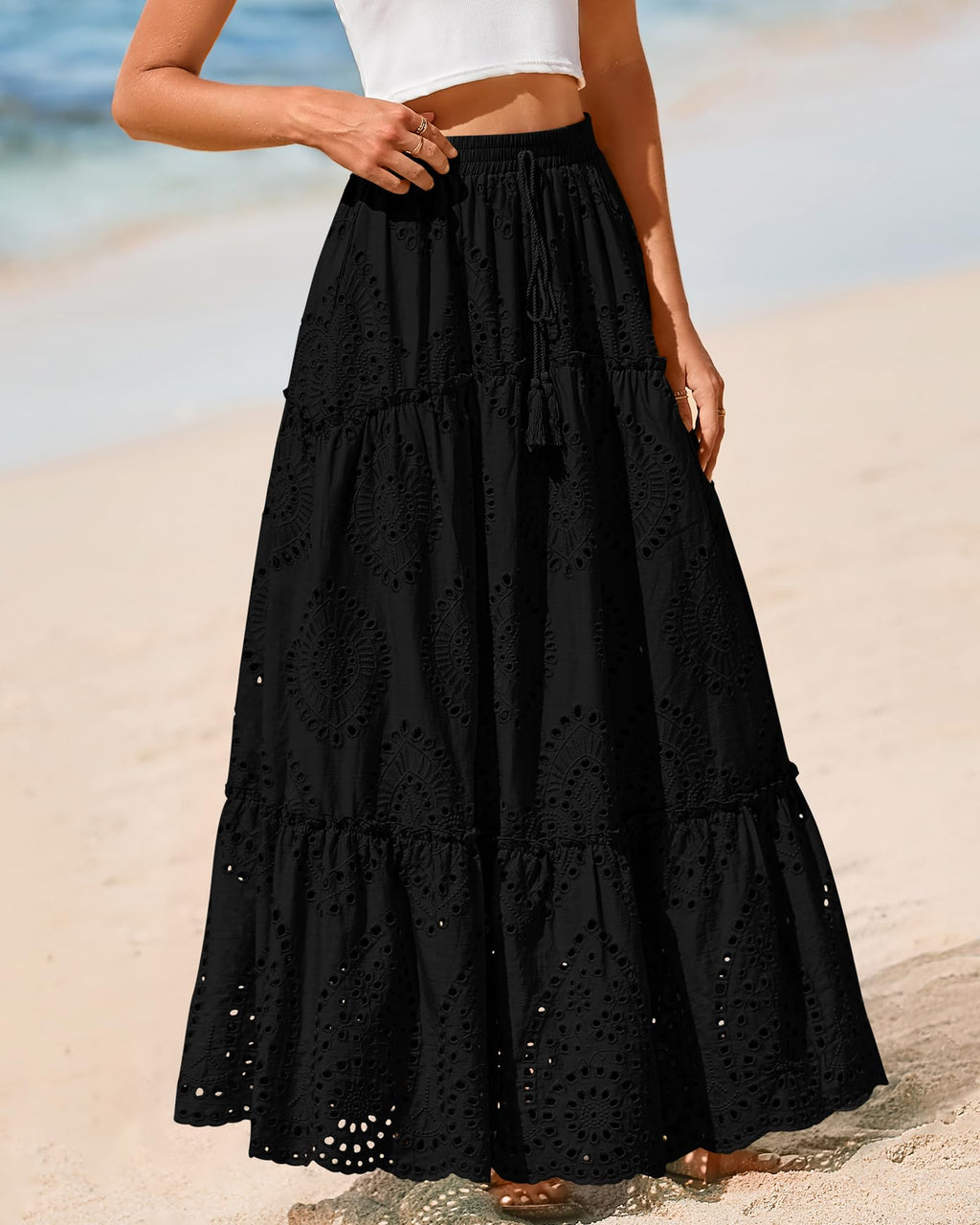 BTFBM Long Skirts for Women Summer Boho Lace Embroidery High Waist Flowy Tiered Spring Maxi Skirt Beach Vacation