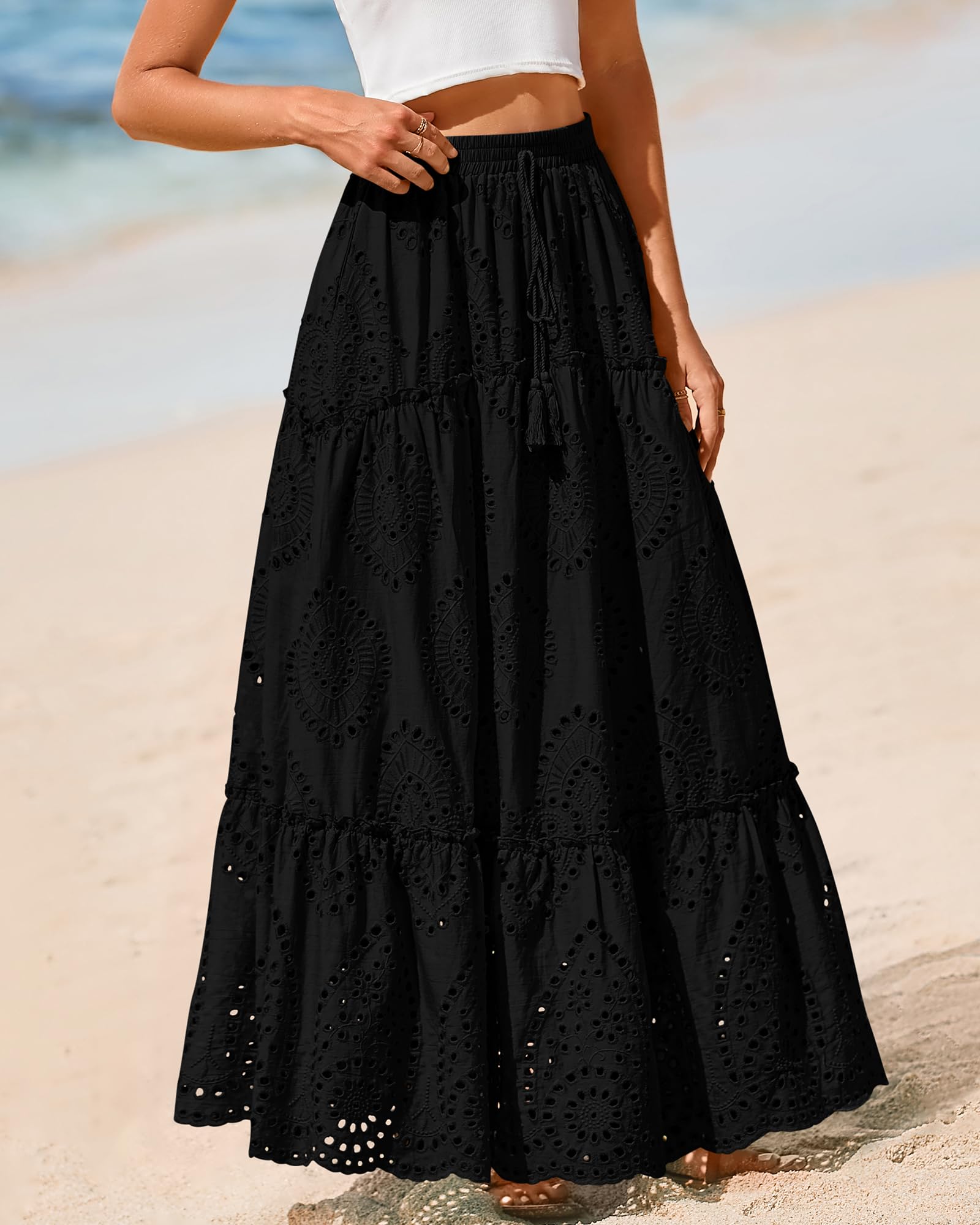 BTFBM Long Skirts for Women Summer Boho Lace Embroidery High Waist Flowy Tiered Spring Maxi Skirt Beach Vacation