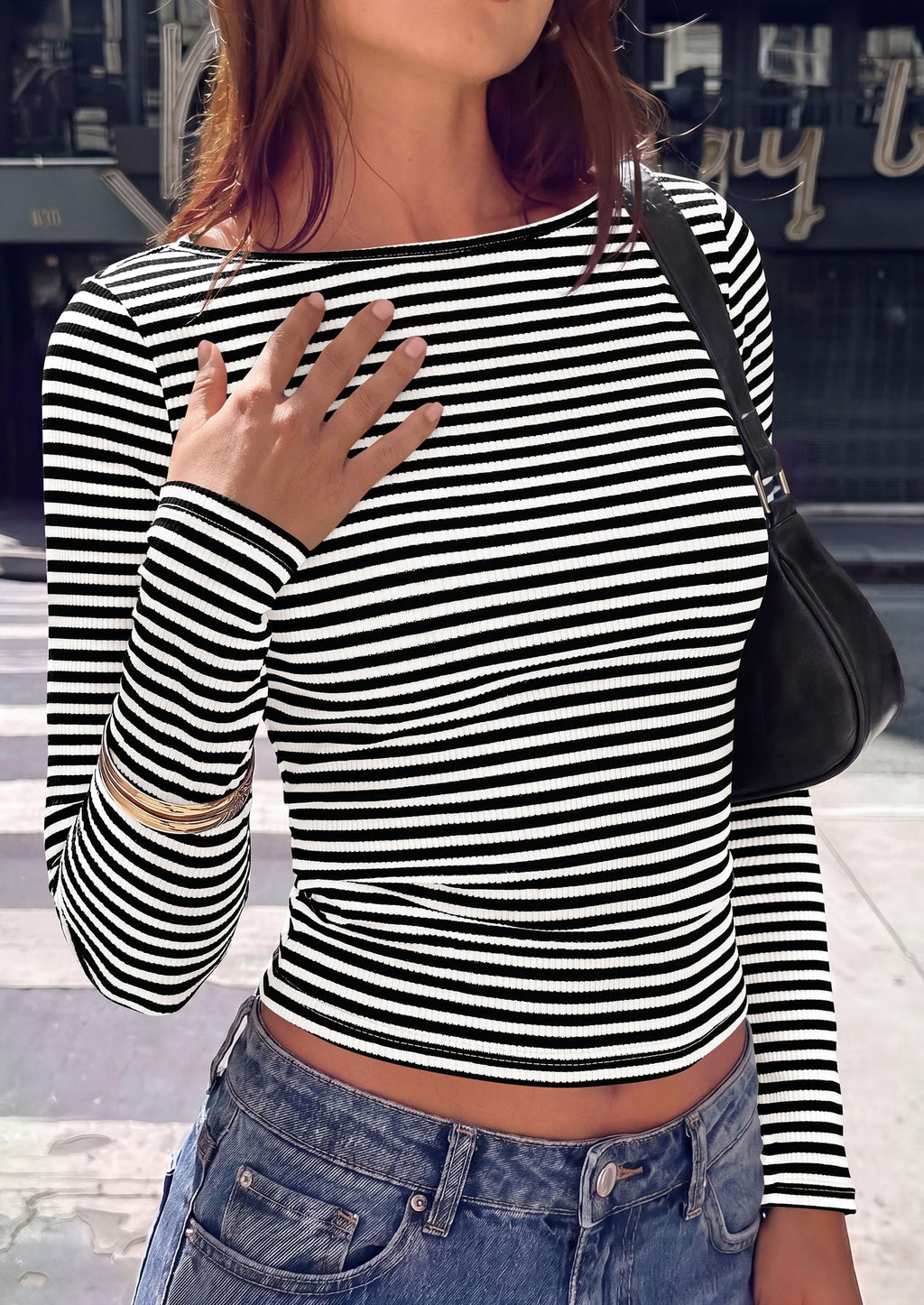 PRETTYGARDEN Long Sleeve Striped Shirts for Women Soft Ribbed Knit ,Y2k Tshirt,Slim Fit Layering,Cute Tops,Basic Tee,Business Casual Outfits,Spring Fall Trendy Clothes