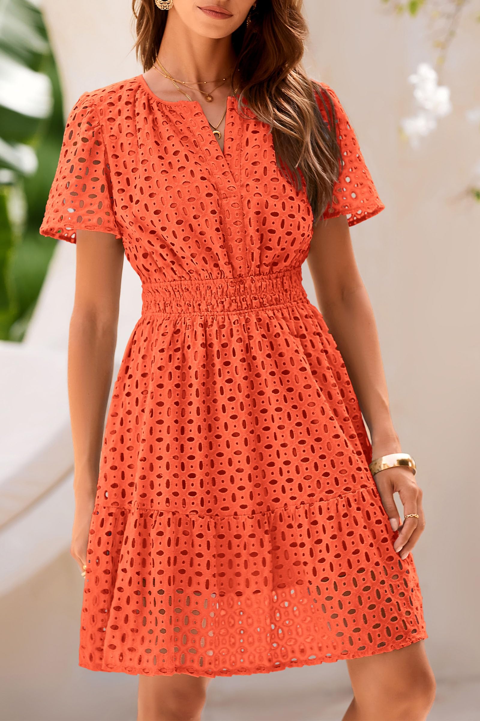 PRETTYGARDEN Womens Summer Short Dress V Neck Short Sleeve A Line Hollow Out Lace Ruffle Cute Casual Beach Party Dresses