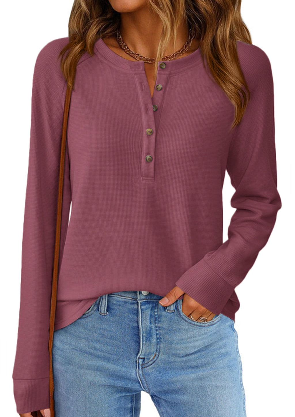 PRETTYGARDEN Women's Long Sleeve Waffle Knit Shirts Fall Casual Button Up Henley V Neck Tunic Tops Loose Fit Basic Tees