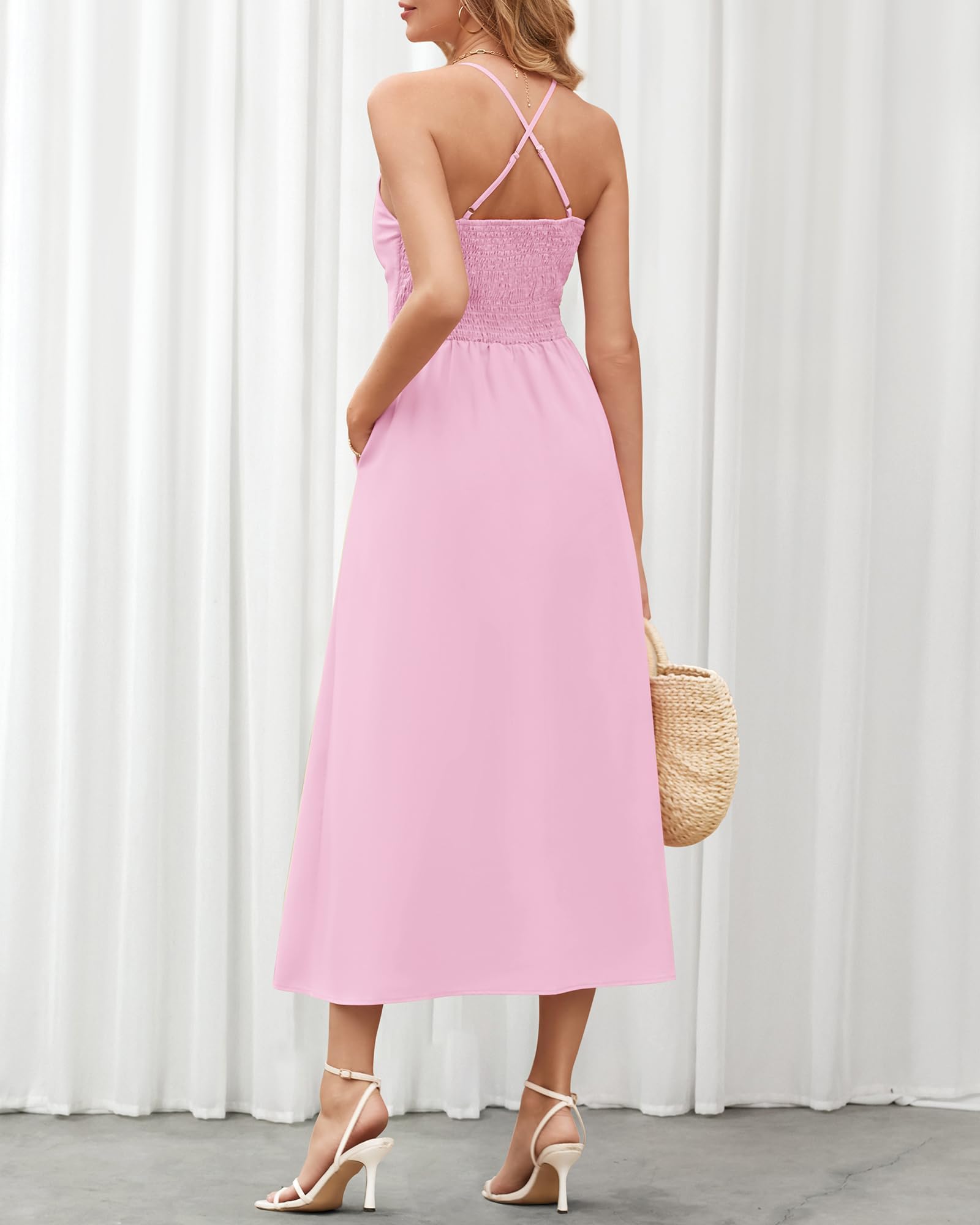 BTFBM Women Spaghetti Strap Midi Summer Dresses Sleeveless V Neck Cutout Slit Casual Beach Party Maxi Dress Pockets