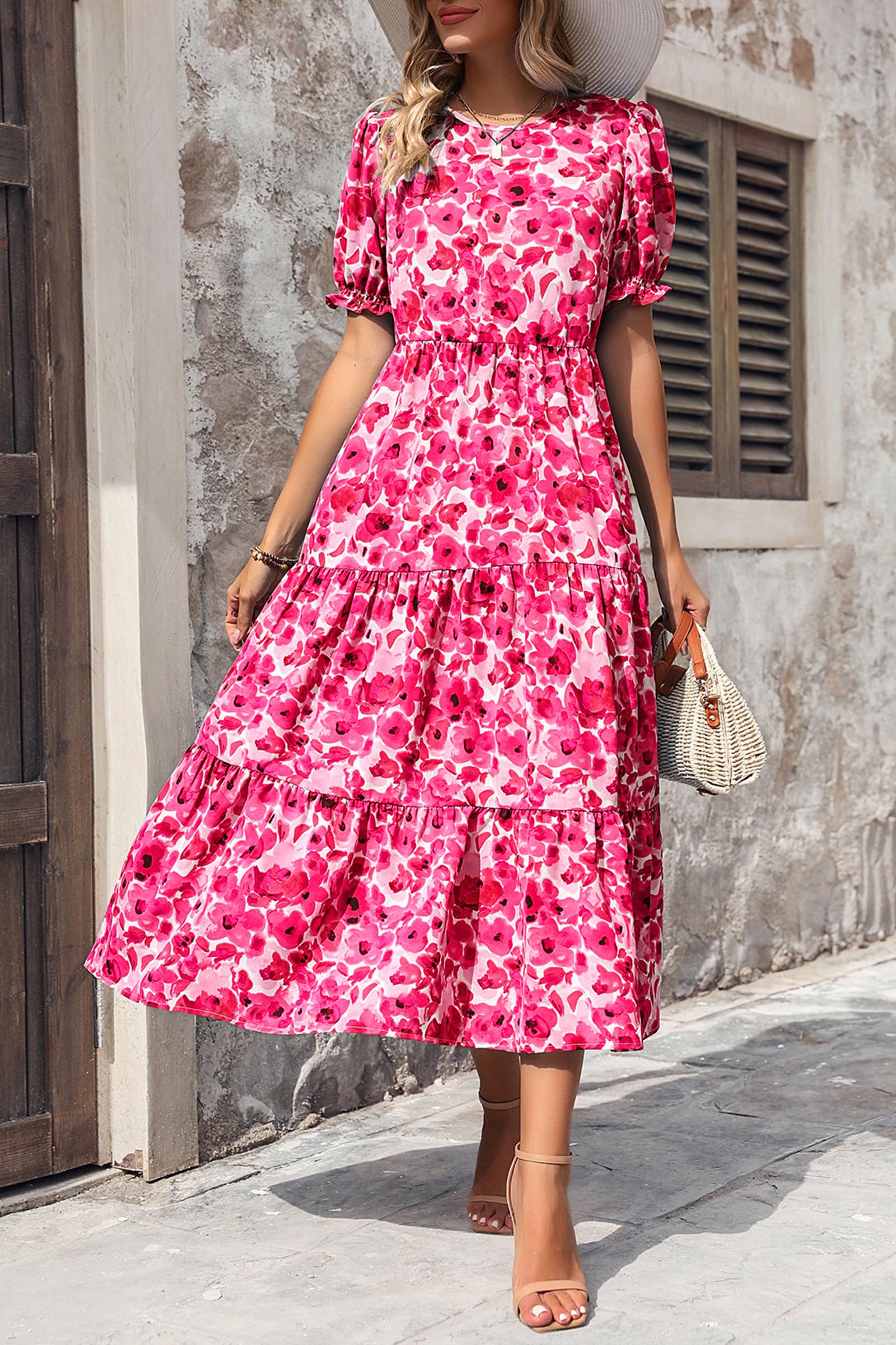 PRETTYGARDEN Summer Dresses for Women Casual Floral Boho Midi Sun Dress Puff Short Sleeve Flowy Beach Vacation Sundress
