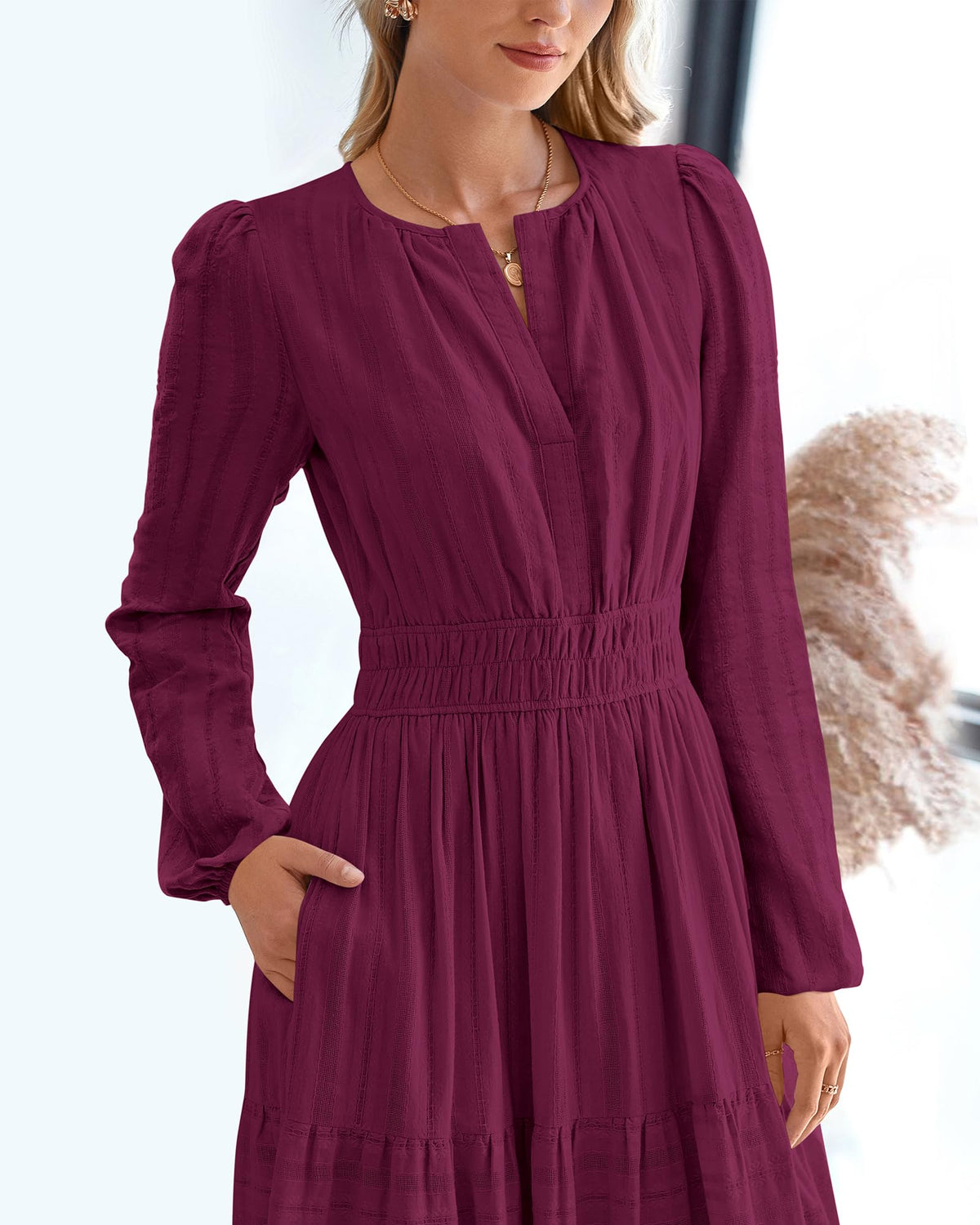 BTFBM Spring Dresses for Women 2026 Casual Long Sleeve V Neck Elastic Waist Lightweight Maxi Wedding Guest Dress Pockets