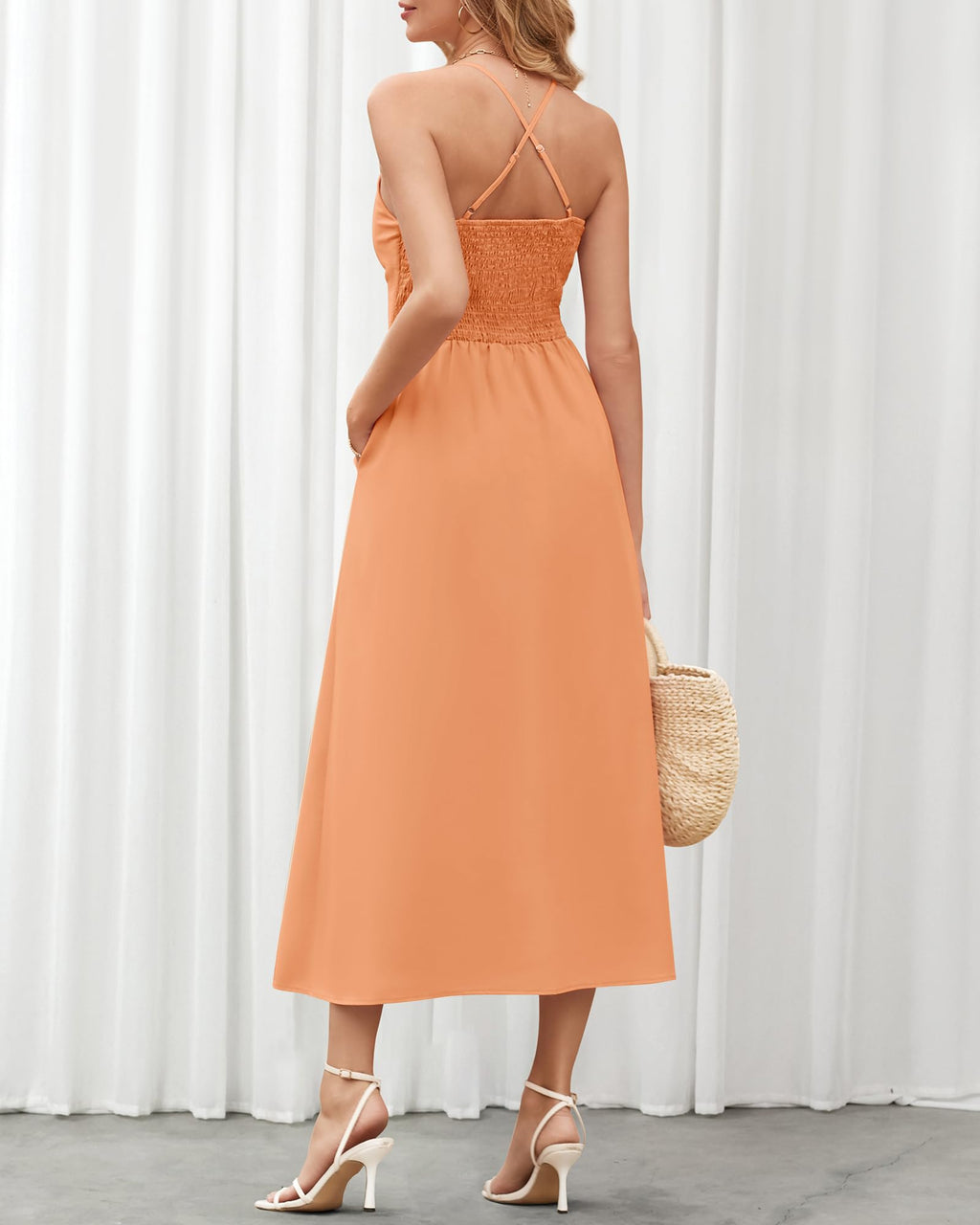 BTFBM Women Spaghetti Strap Midi Summer Dresses Sleeveless V Neck Cutout Slit Casual Beach Party Maxi Dress Pockets
