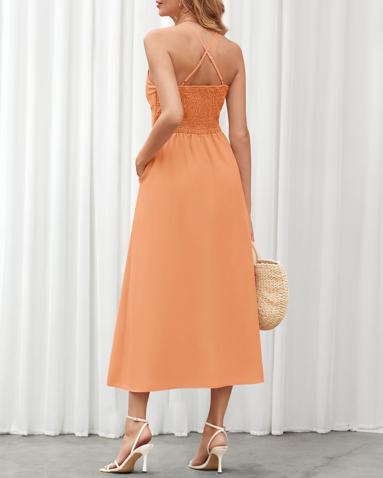 BTFBM Women Spaghetti Strap Midi Summer Dresses Sleeveless V Neck Cutout Slit Casual Beach Party Maxi Dress Pockets