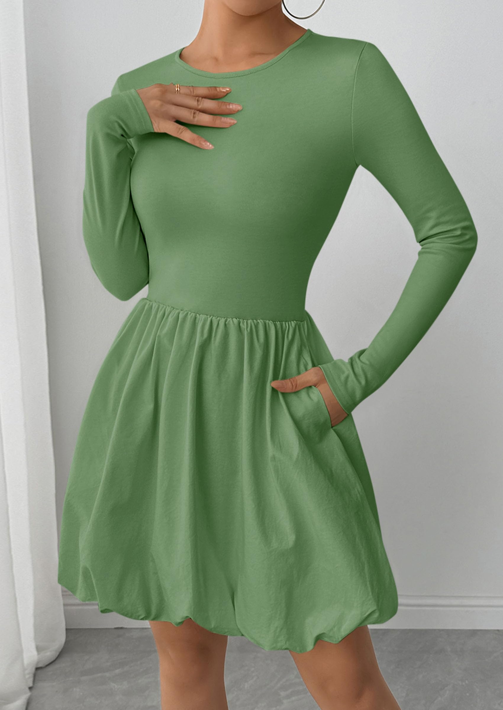 PRETTYGARDEN Fall Dresses for Women Casual Long Sleeve Bubble Cute Crew Neck A Line Mini Short Dress with Pockets