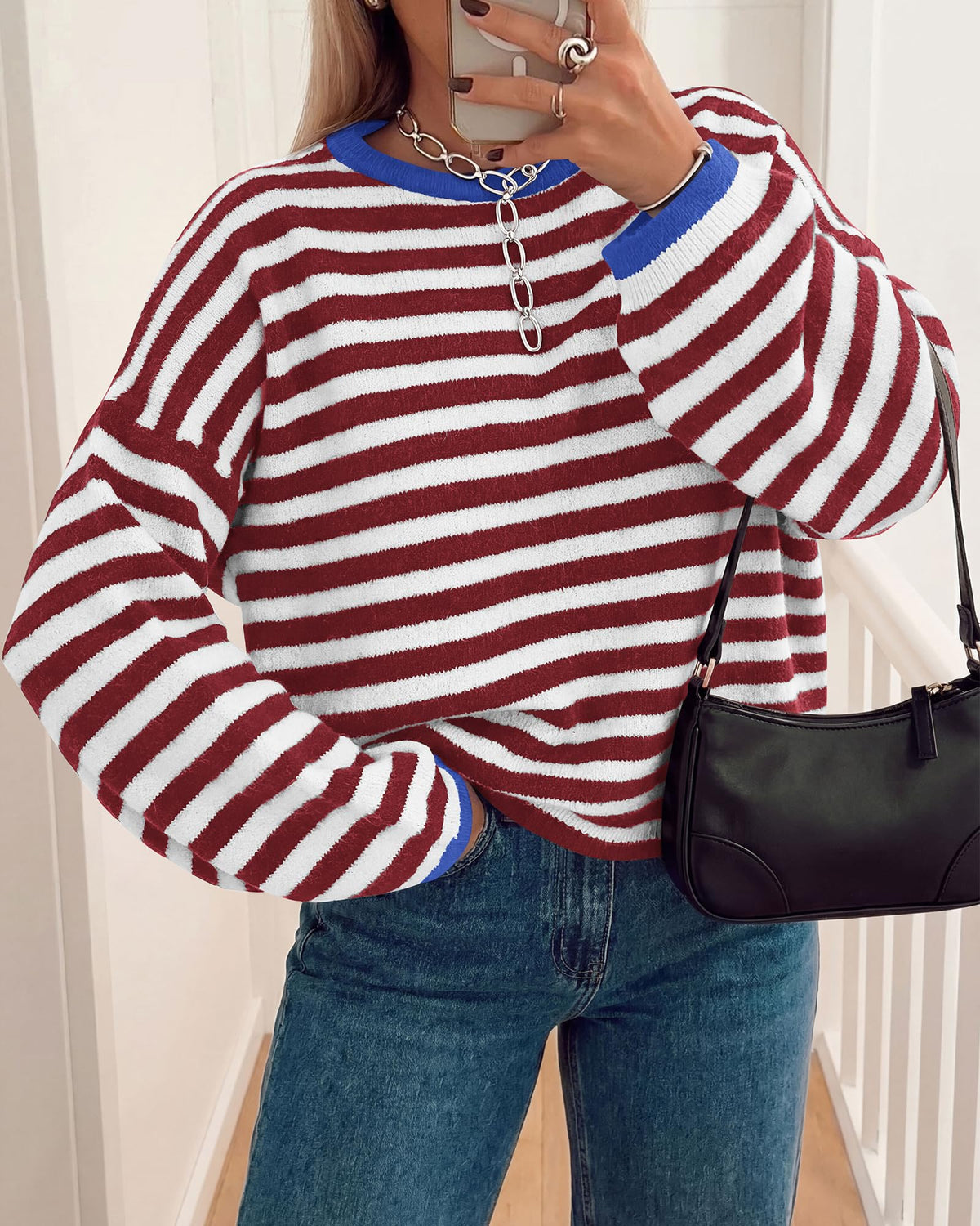 BTFBM Women's Lightweight Oversized Striped Sweater | Soft Knit Cozy Sweaters, Crew Neck Long Sleeve Pullover, y2k Color Block, Casual Holiday Outfits, Winter Fall Clothes