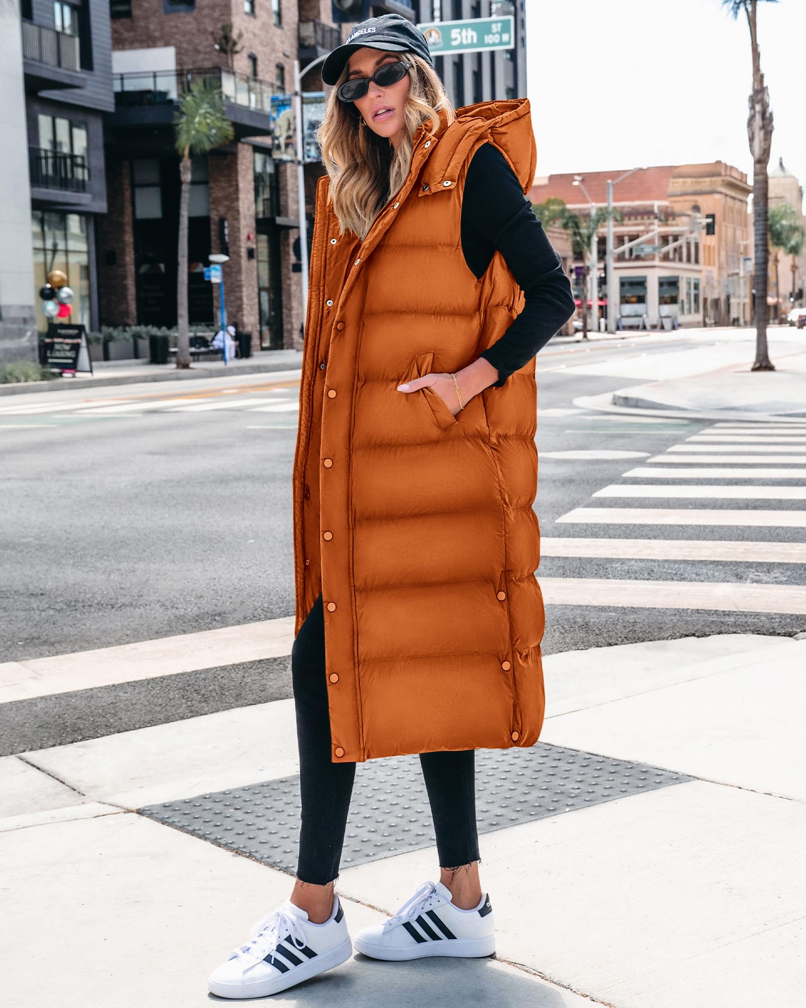 FreshPretty Long Puffer Vest Women Quilted Hooded Button Down Zip Up Sleeveless Vests Outerwear Padded Jacket Fall Winter Coat