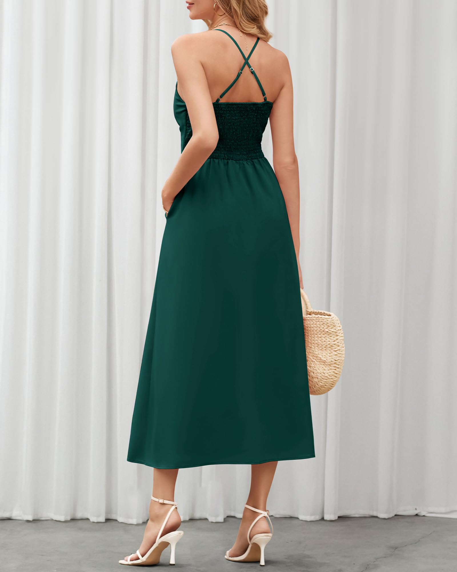 BTFBM Women Spaghetti Strap Midi Summer Dresses Sleeveless V Neck Cutout Slit Casual Beach Party Maxi Dress Pockets