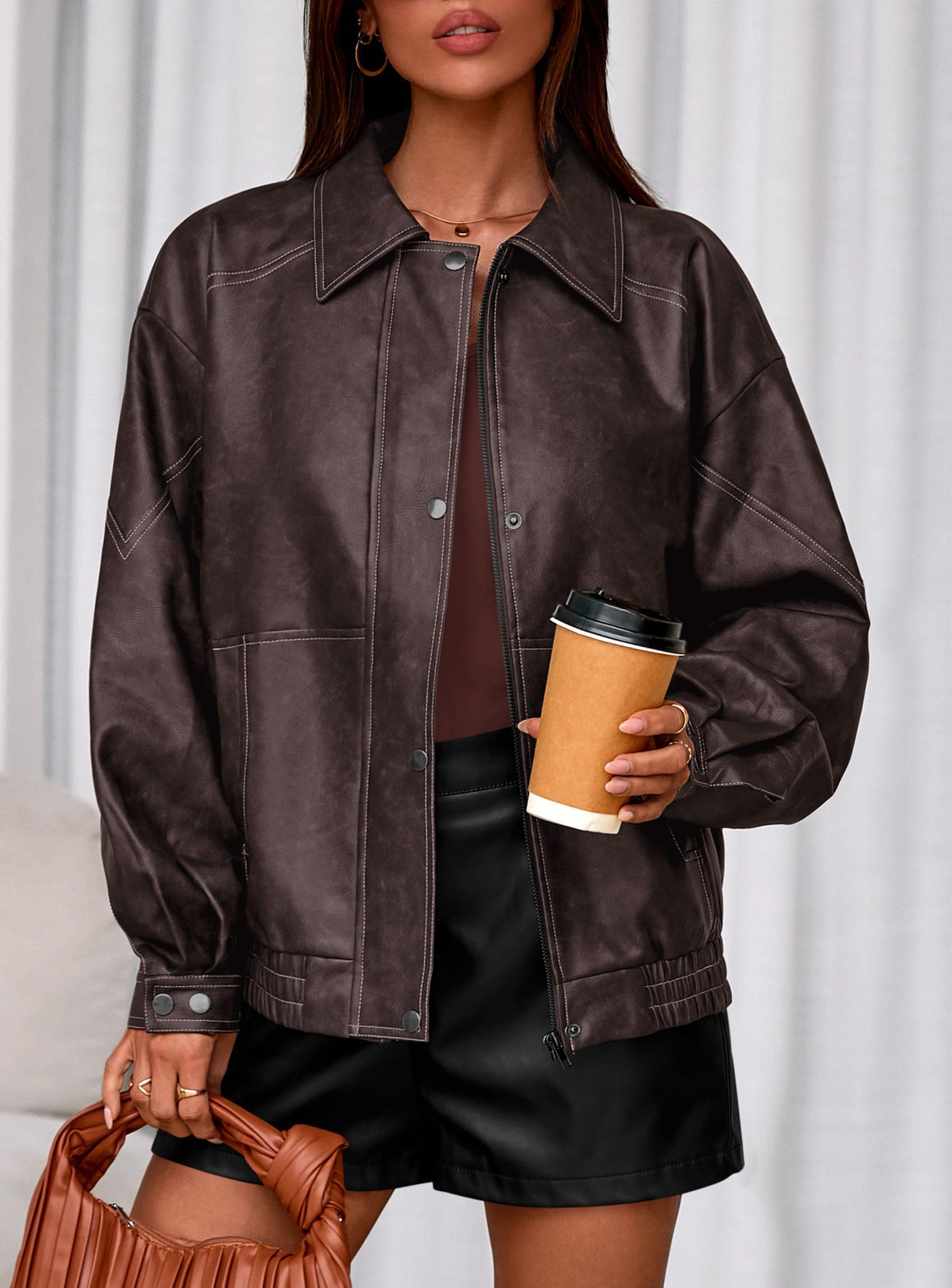 PRETTYGARDEN Faux Leather Jacket Women Bomber Motorcycle Zip Up Jackets Oversized Fall Fashion Outfits  Winter Coats