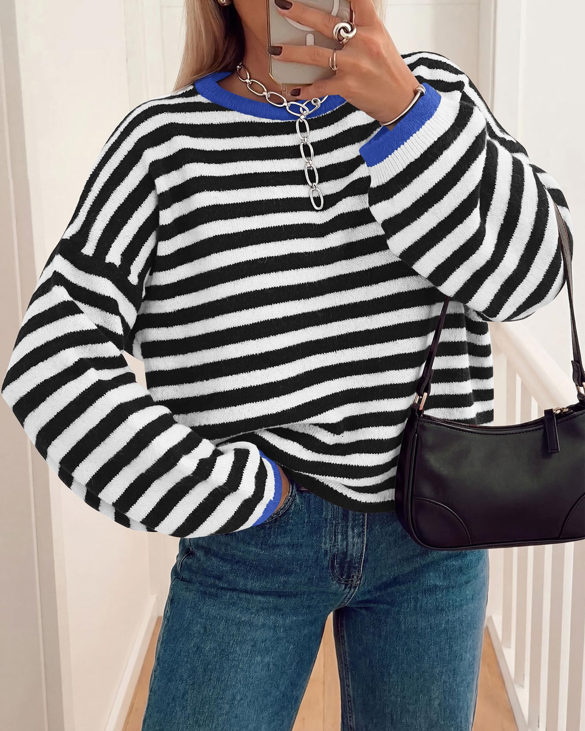 BTFBM Women's Lightweight Oversized Striped Sweater | Soft Knit Cozy Sweaters, Crew Neck Long Sleeve Pullover, y2k Color Block, Casual Holiday Outfits, Winter Fall Clothes