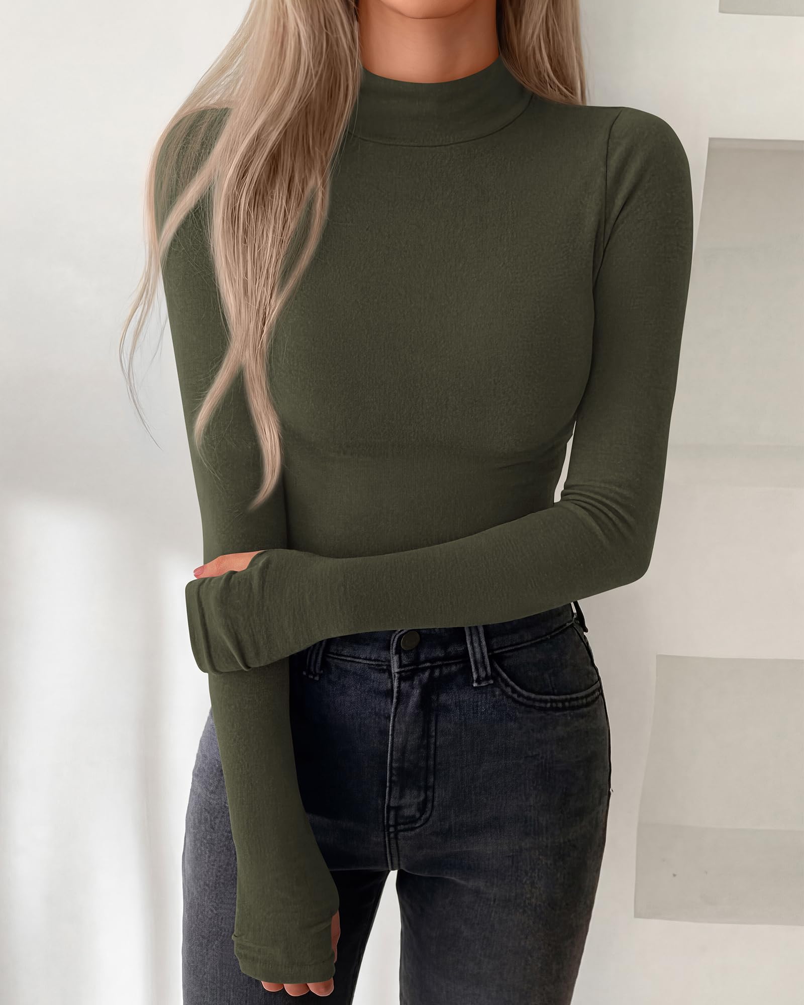 BTFBM Turtleneck Tops for Women Thumbhole Long Sleeve Shirts | Lightweight Fleece Lining, Casual Basic Layering Top, Slim Fit Stretch Winter Thermal Underwear, Fall Fashion Clothing