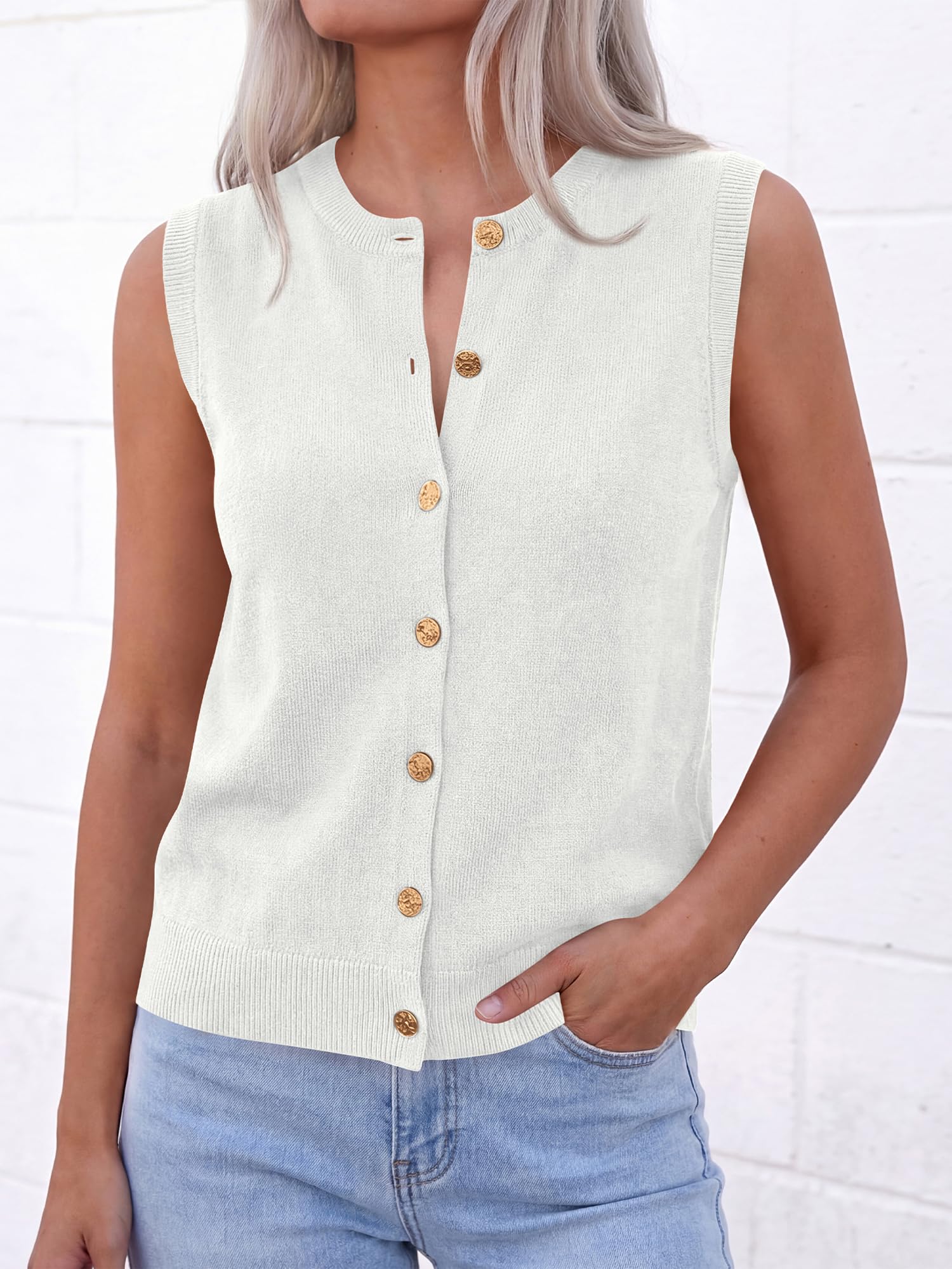 BTFBM Sweater Vest Women Casual Crewneck Loose Button Down Knit Sleeveless Cardigan Spring Clothes Summer Vest Tops