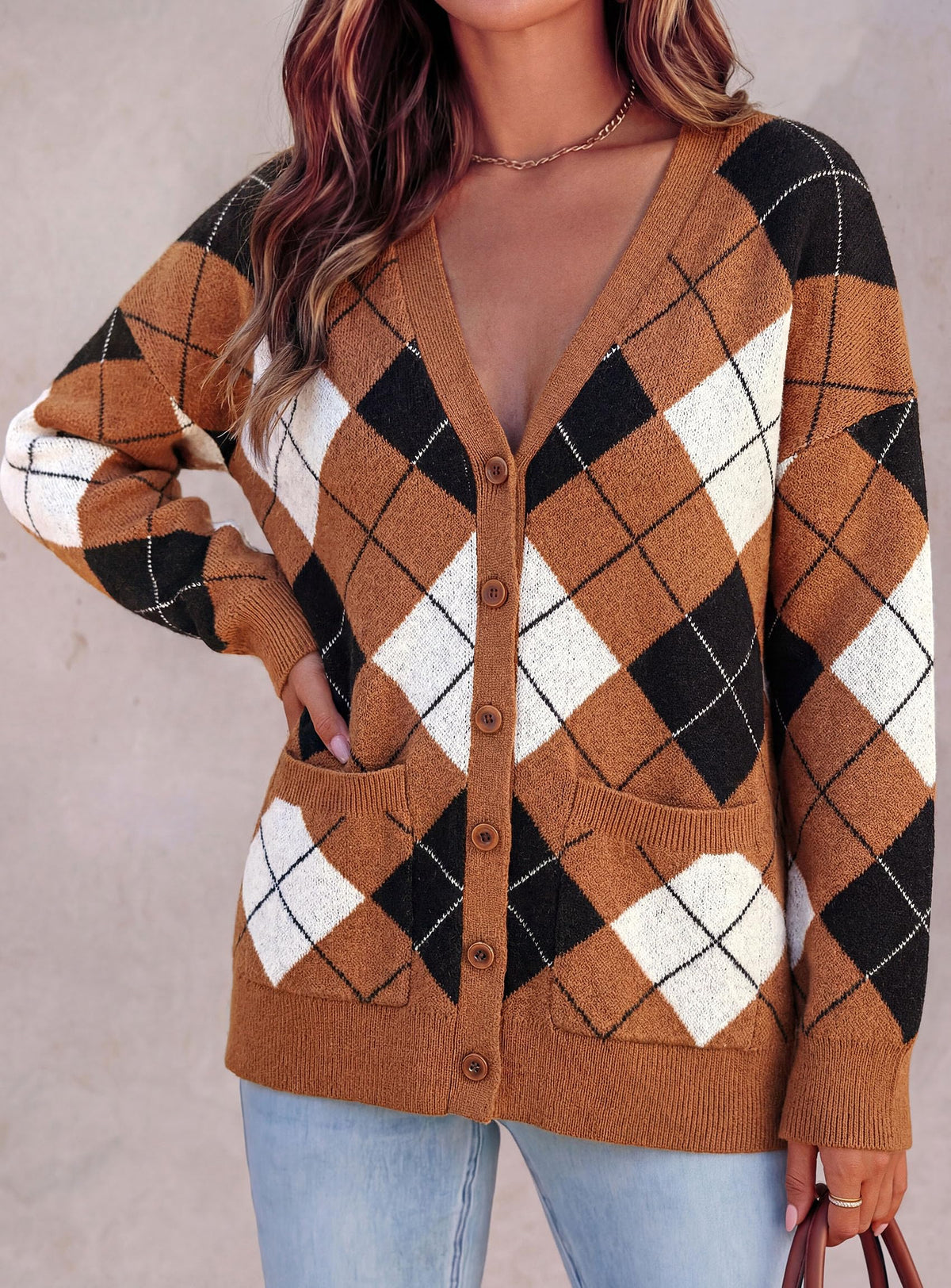 PRETTYGARDEN Women's Cardigan Argyle Winter Sweaters Cozy Warm Chunky Knit, Long Sleeve V Neck, Color Block Plaid, Button Up Pocket,Trendy Fall Jackets, Holiday Going Out Outfits
