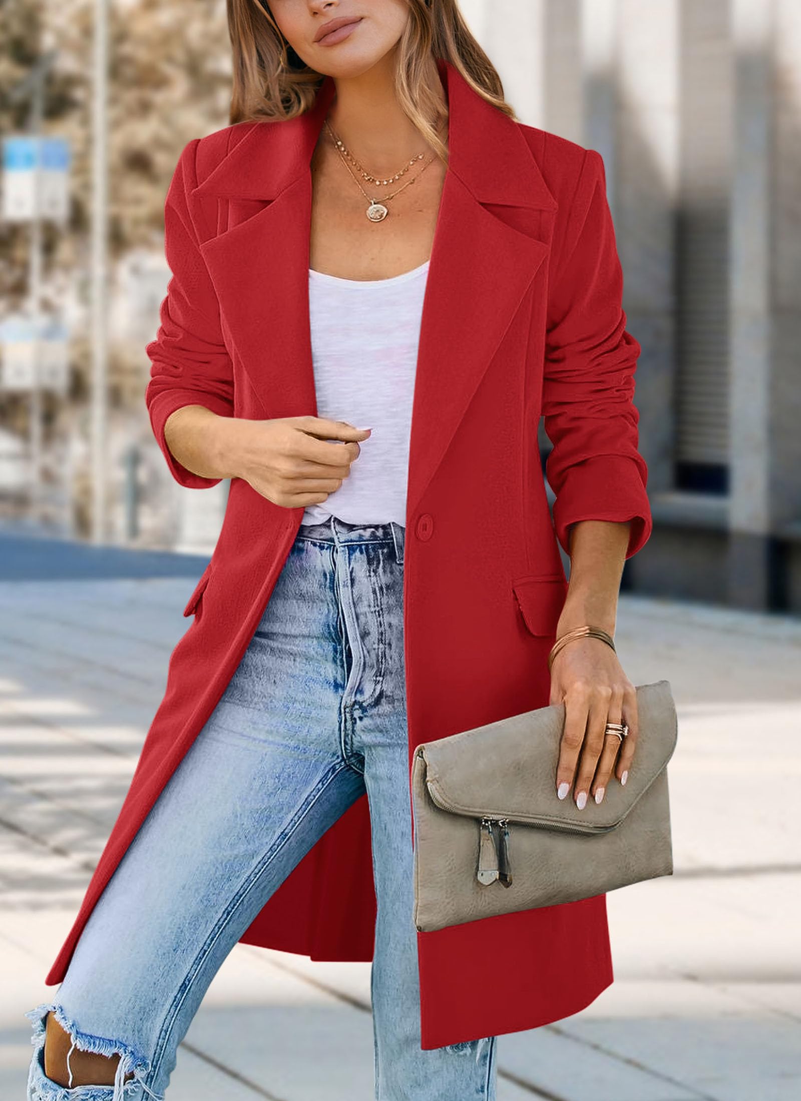 PRETTYGARDEN Women's Spring Fall Long Blazer Jackets Long Sleeve Lapel Pockets Loose Fit Work Casual Blazers Outerwear