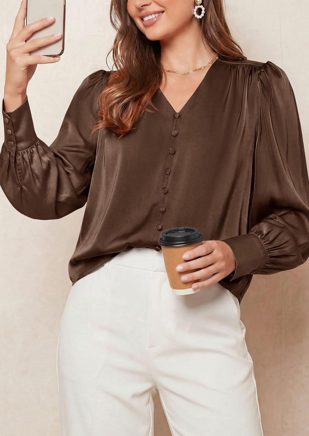PRETTYGARDEN Satin Long Sleeve Womens Blouses Dressy Casual | Glossy Smooth Silk Fabric,Lantern Sleeve Fall Tops,Decorative Button Pullover,V Neck Shirts,Office Work Business Outfits