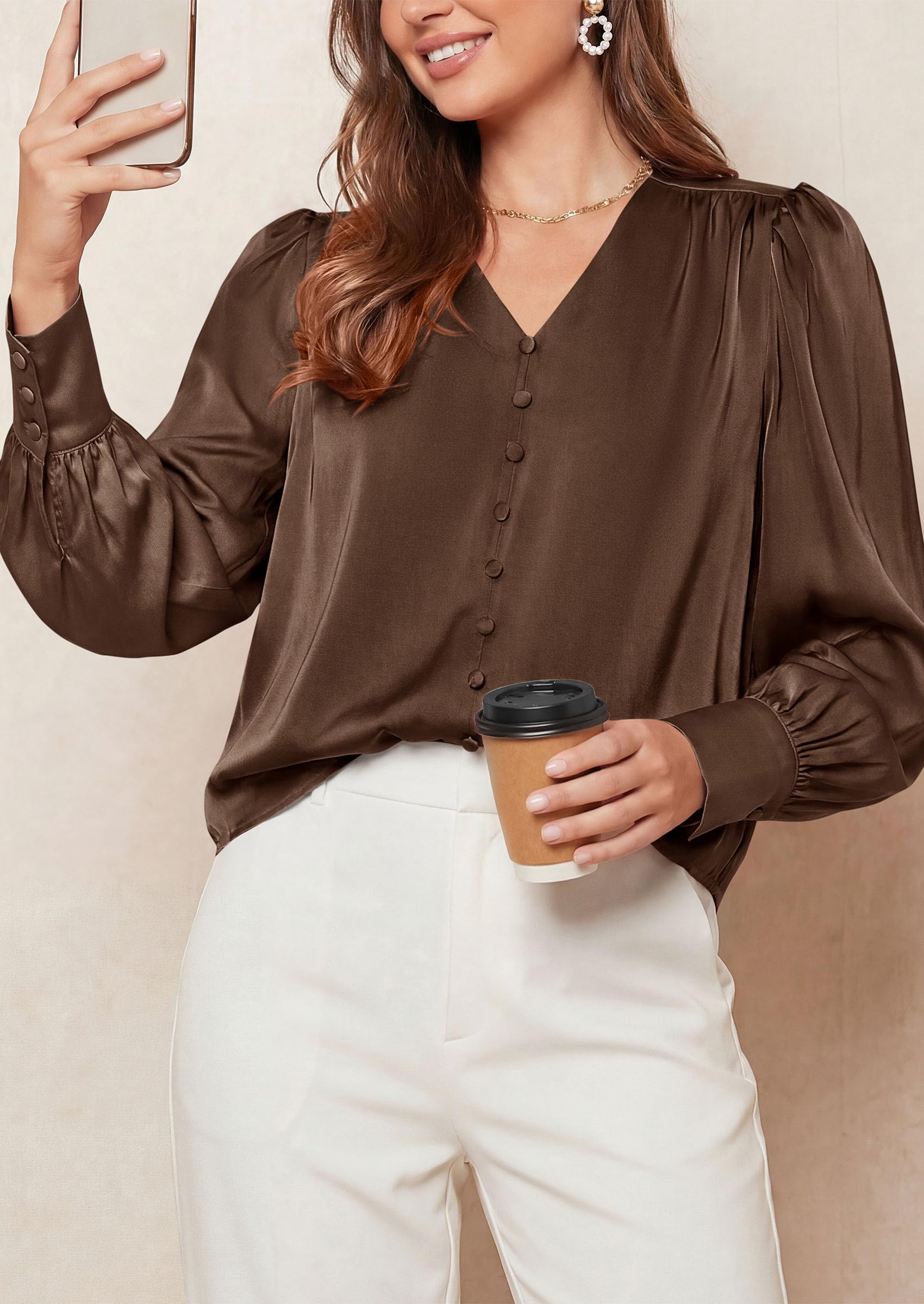 PRETTYGARDEN Satin Long Sleeve Womens Blouses Dressy Casual | Glossy Smooth Silk Fabric,Lantern Sleeve Fall Tops,Decorative Button Pullover,V Neck Shirts,Office Work Business Outfits