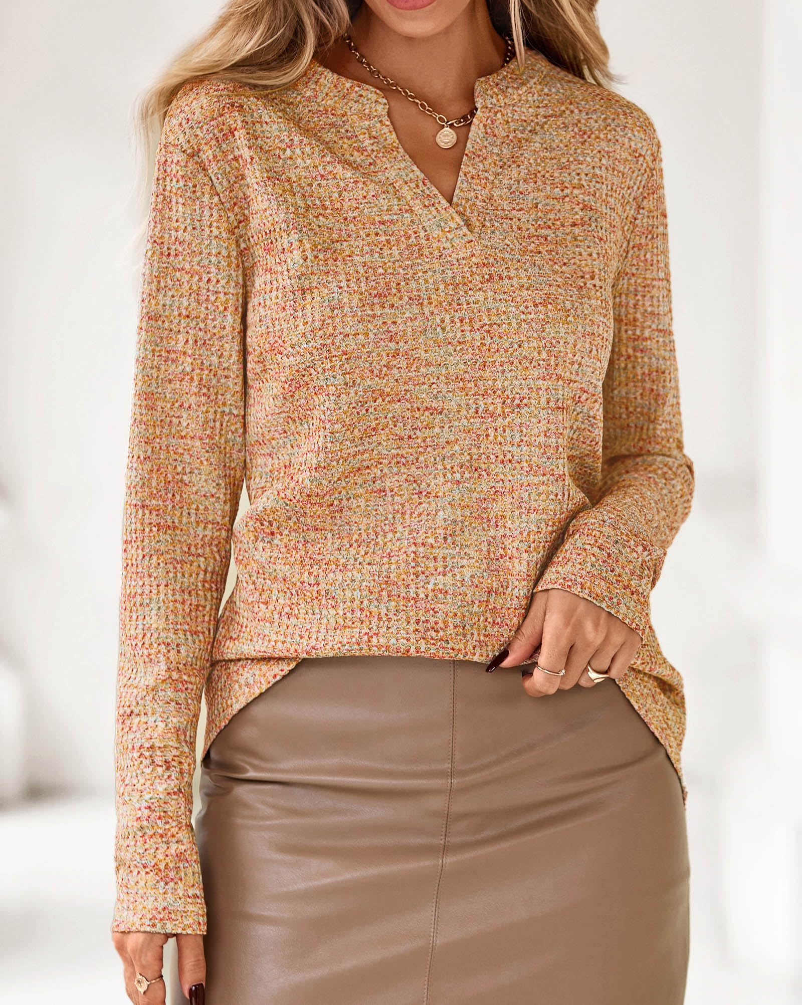 FreshPretty Waffle Knit Tops V Neck Long Sleeve Blouses for Women Dressy Casual Henley Work Shirts Spring Fall Clothes