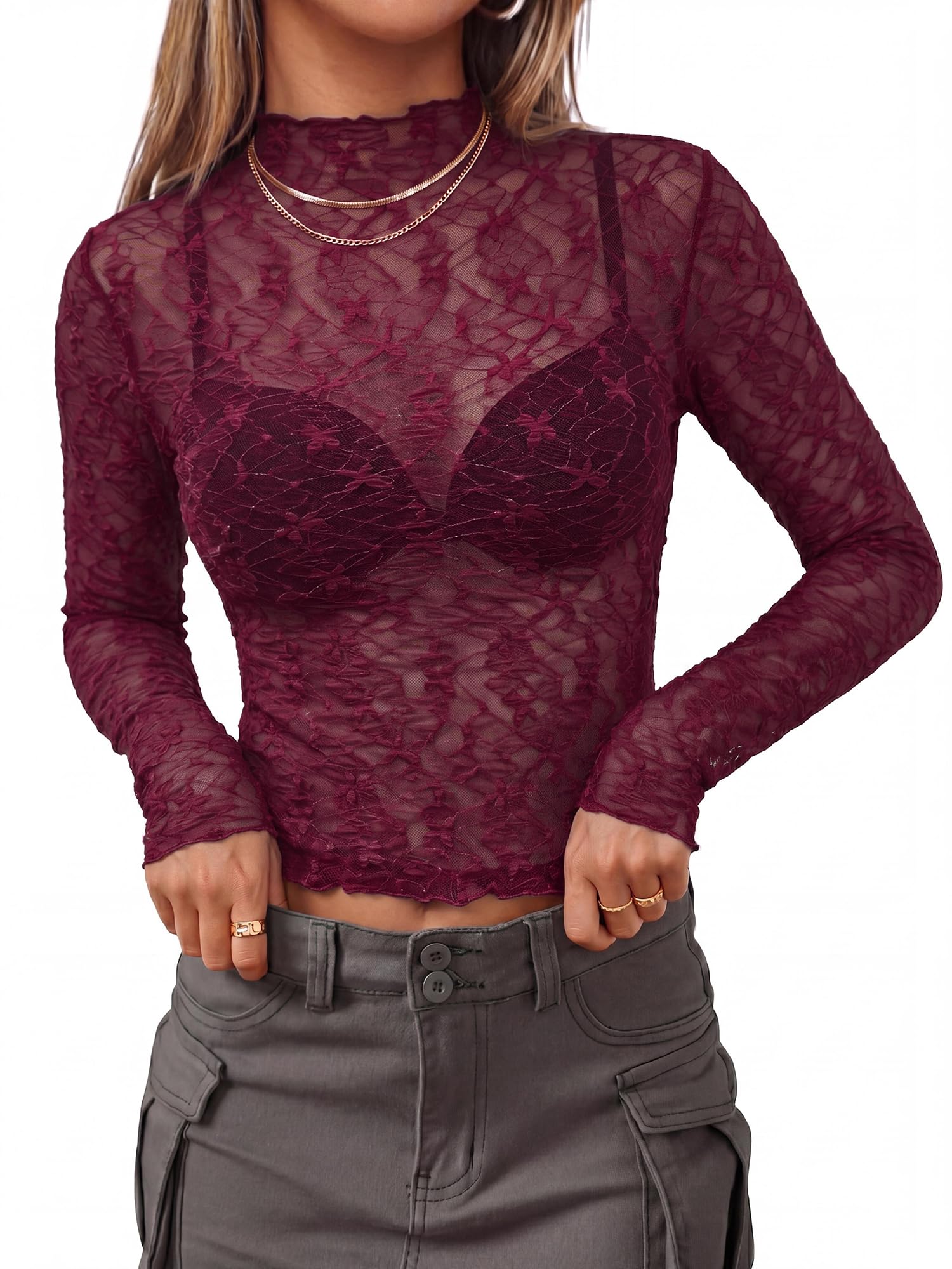 BTFBM Womens Tops Mesh Lace Long Sleeve Tops for Women Spring Fall Sheer See Through Tight Party Club Outfits