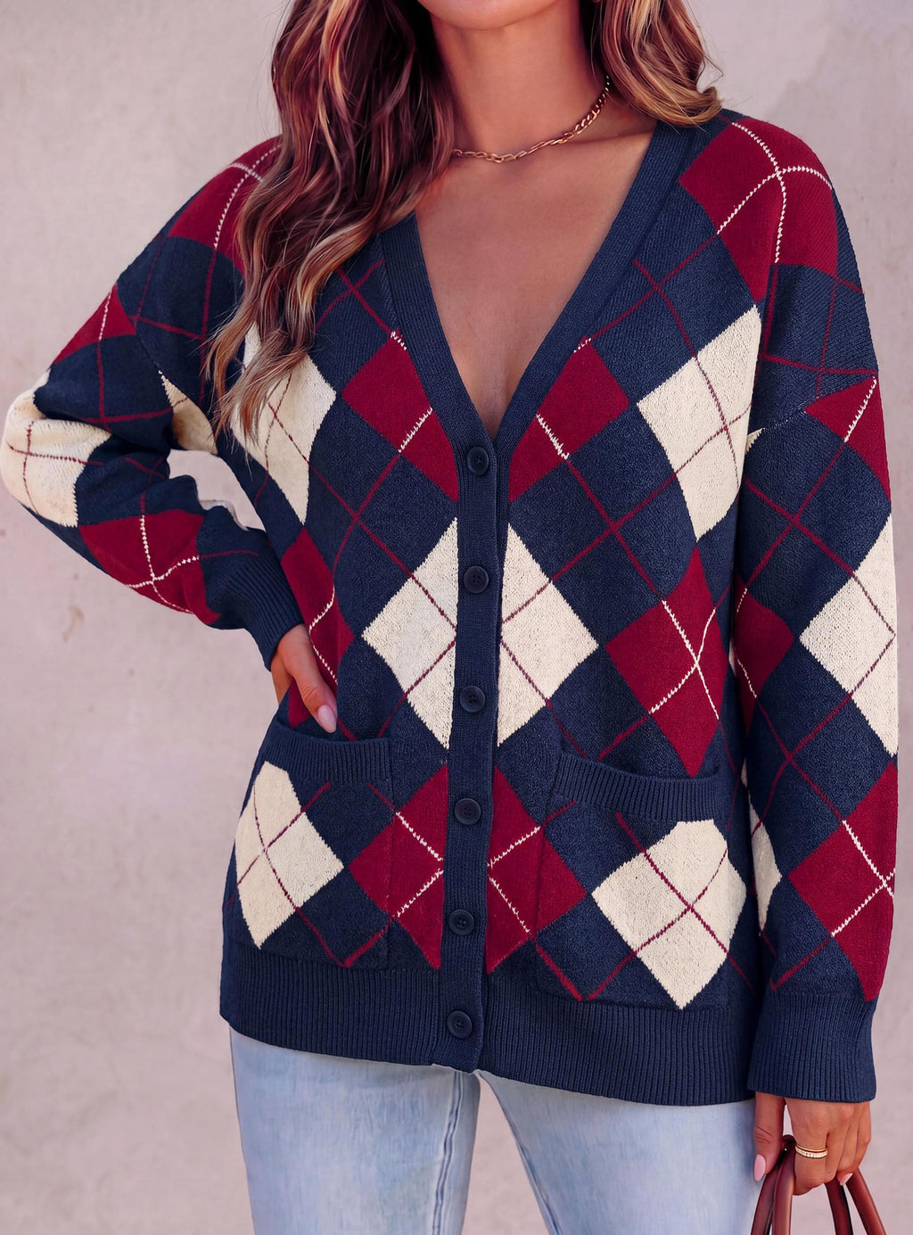 PRETTYGARDEN Women's Cardigan Argyle Winter Sweaters Cozy Warm Chunky Knit, Long Sleeve V Neck, Color Block Plaid, Button Up Pocket,Trendy Fall Jackets, Holiday Going Out Outfits